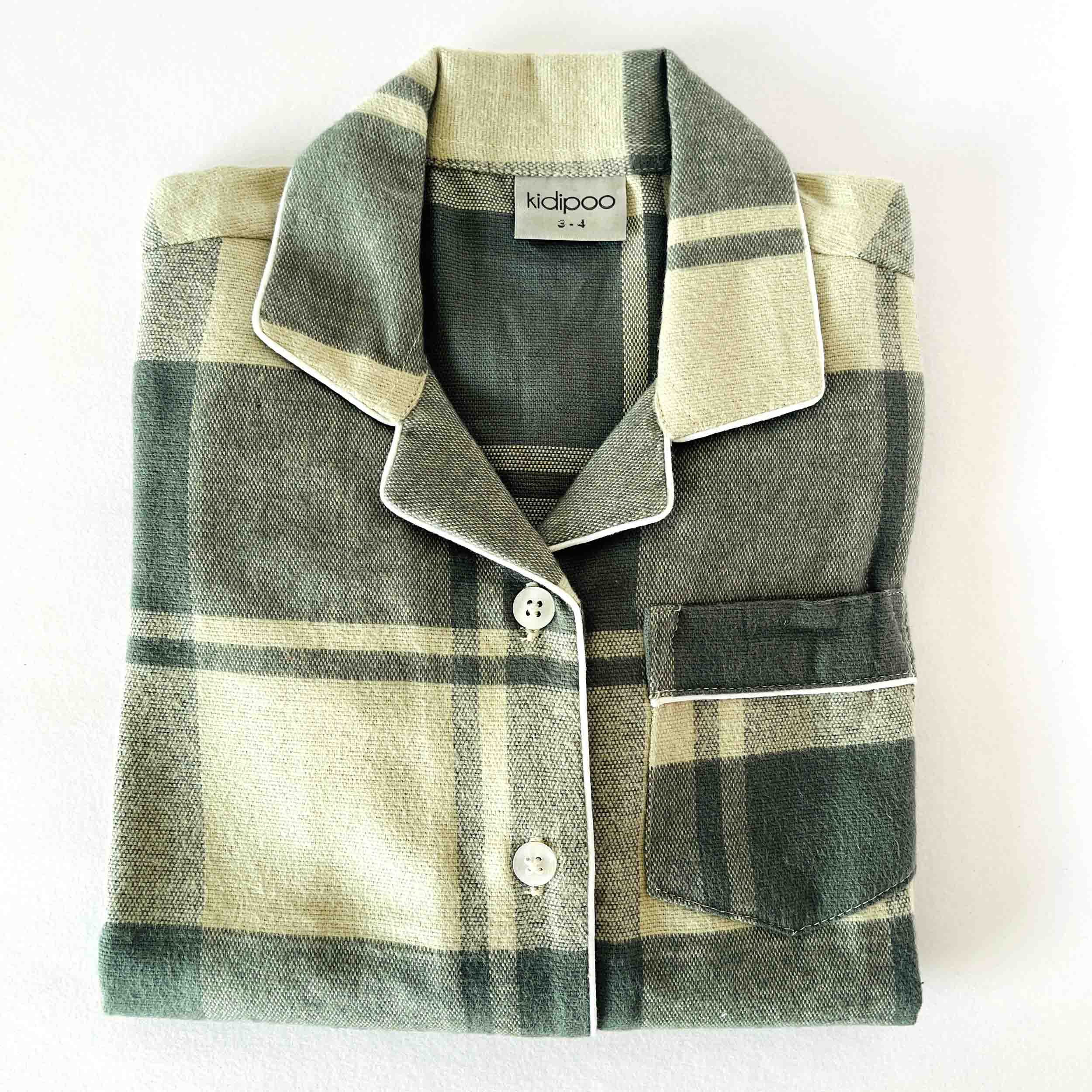 Kidipoo kids pastel green checkered flannel night suit shirt front button warm sleepwear top