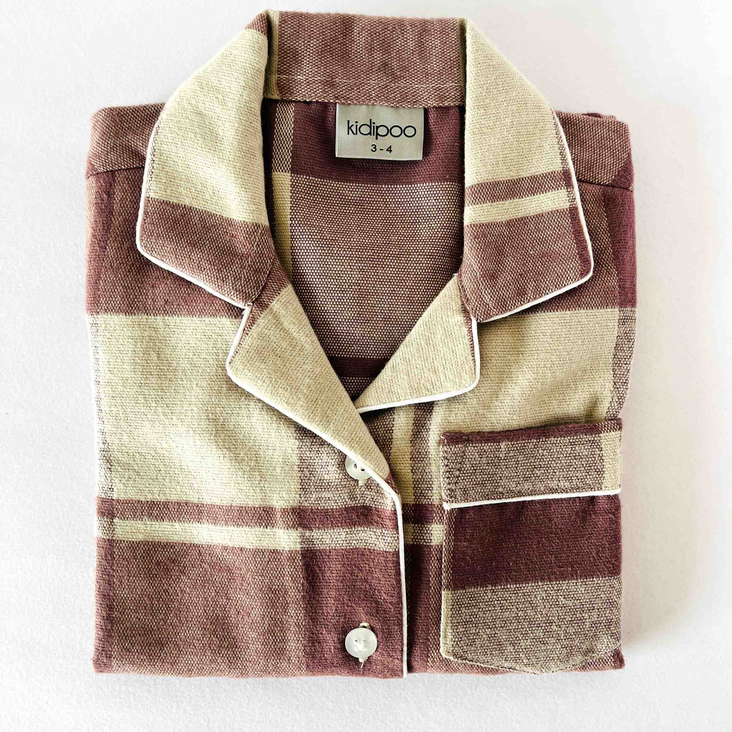 Kids pastel pink checkered flannel night suit shirt front view soft cotton sleepwear top