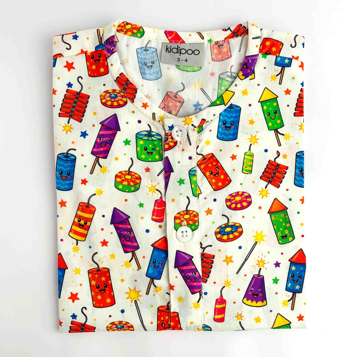 Kids Cards Carnival Kurta Pajama with colorful fireworks print and front button detailing