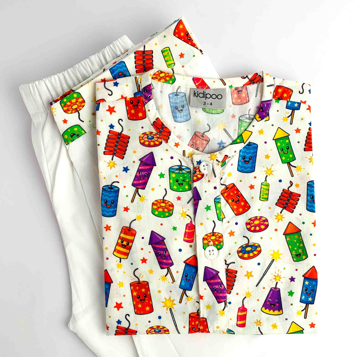 Kids Cards Carnival Kurta Pajama set with colorful fireworks print and white pajama