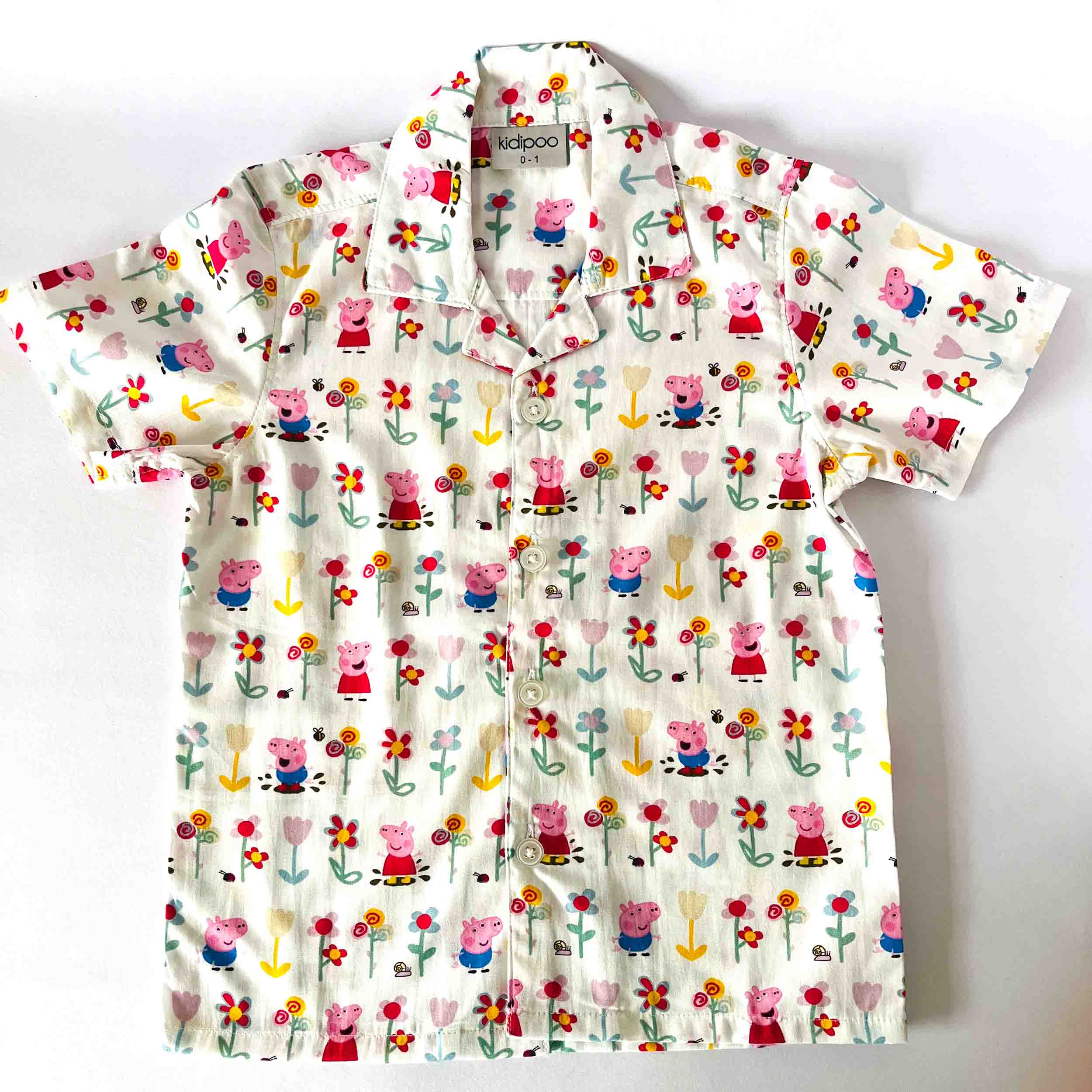 Kids white cotton shirt with Peppa Pig and flowers print half sleeve front view