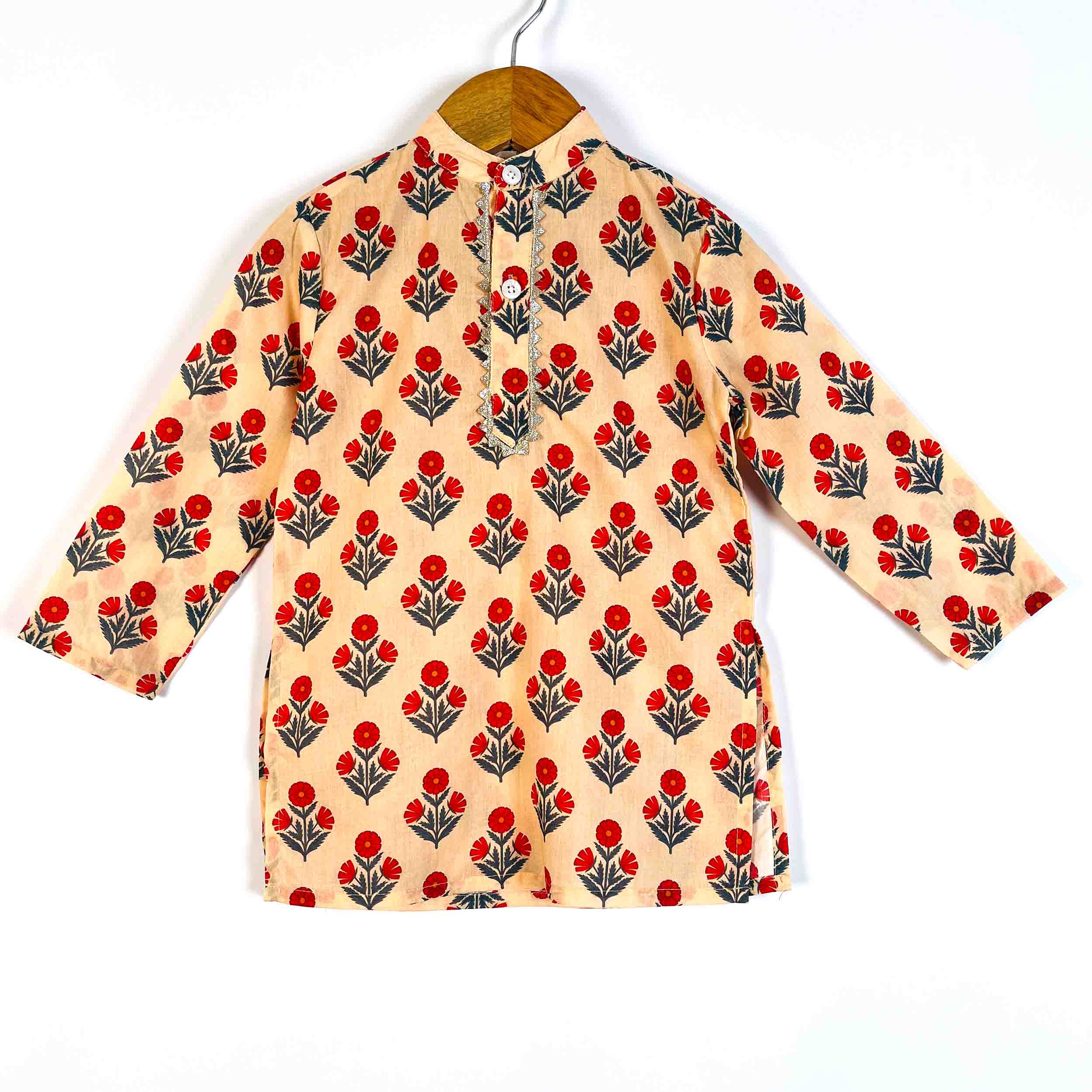 Front view of boys Phoolwari printed cotton kurta with full sleeves and mandarin collar
