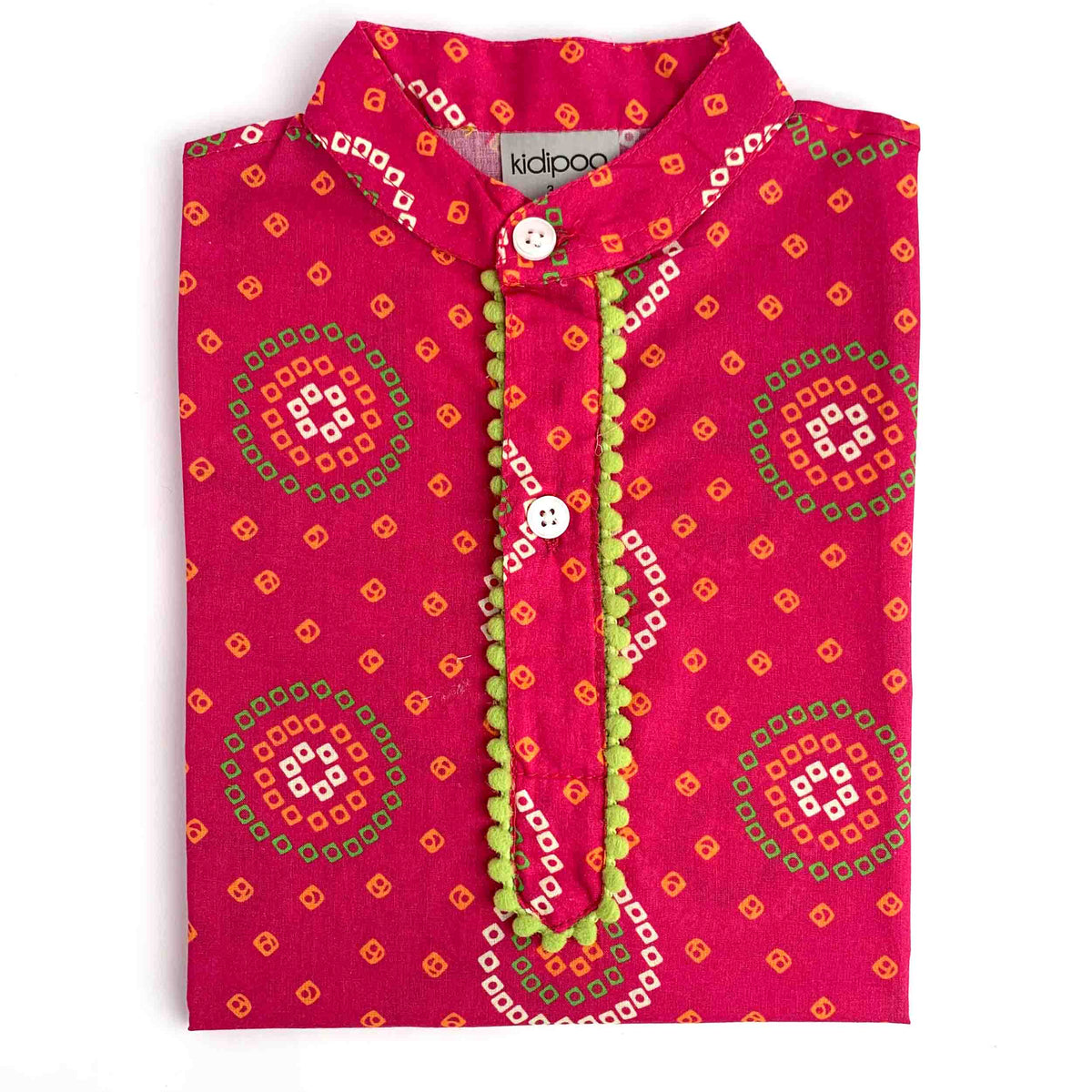 Kids pink Badhni kurta with traditional geometric print and cream pajama