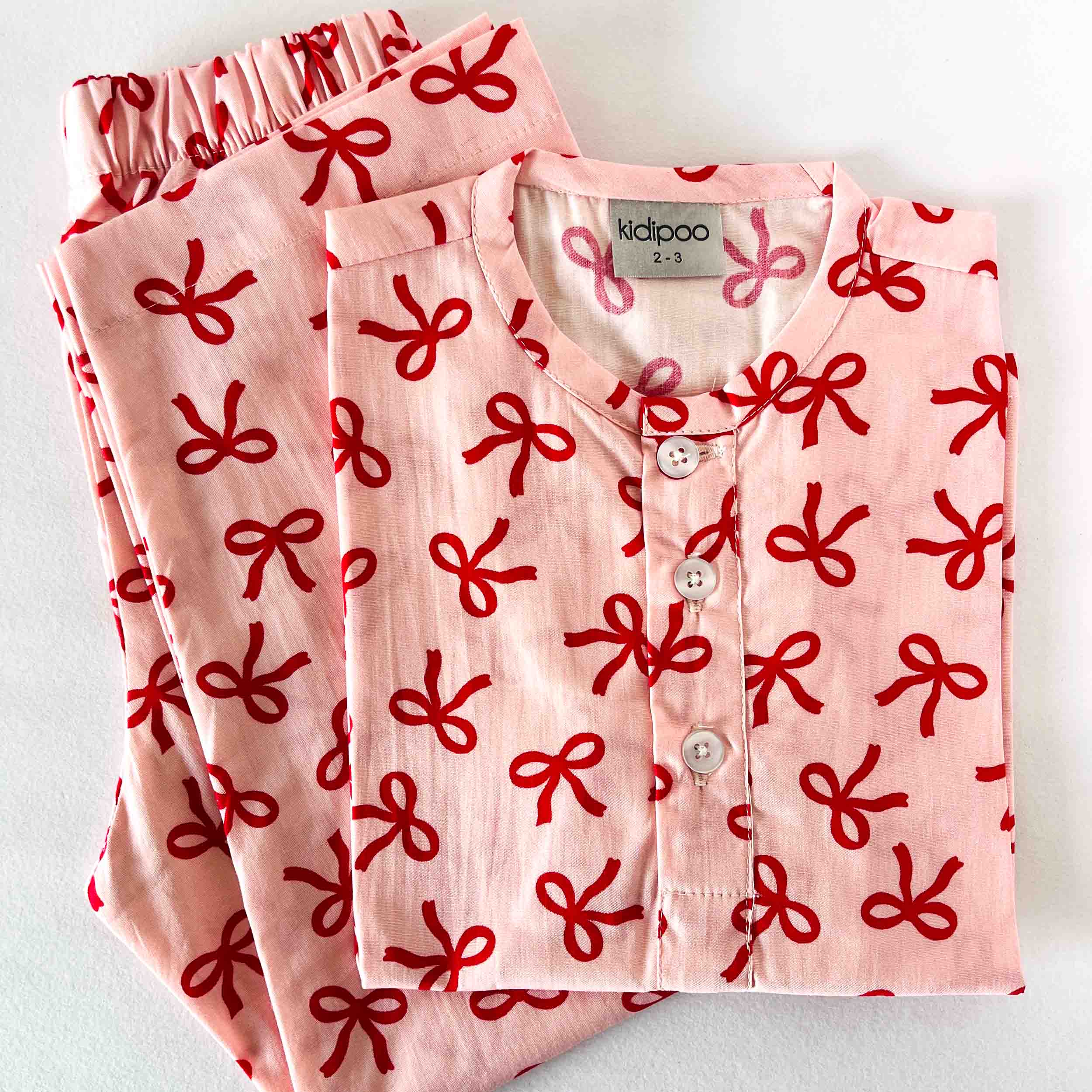 Kids pink bows print cotton night suit with round neck long sleeve shirt and pajama set