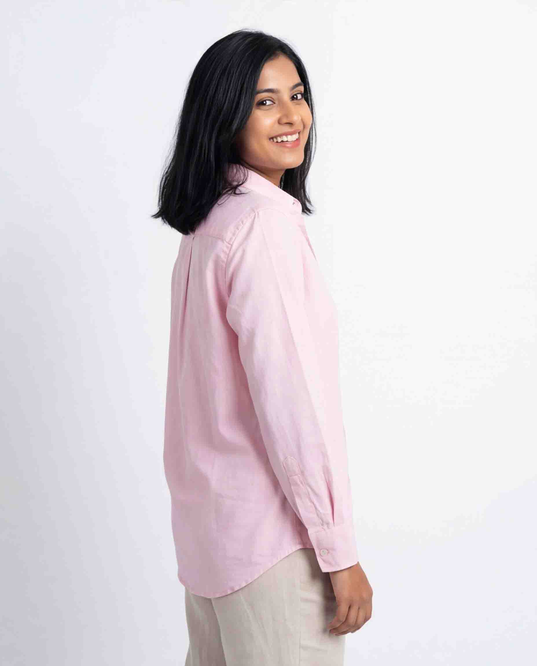 Pink women’s cotton linen shirt side view with long sleeve lightweight fit