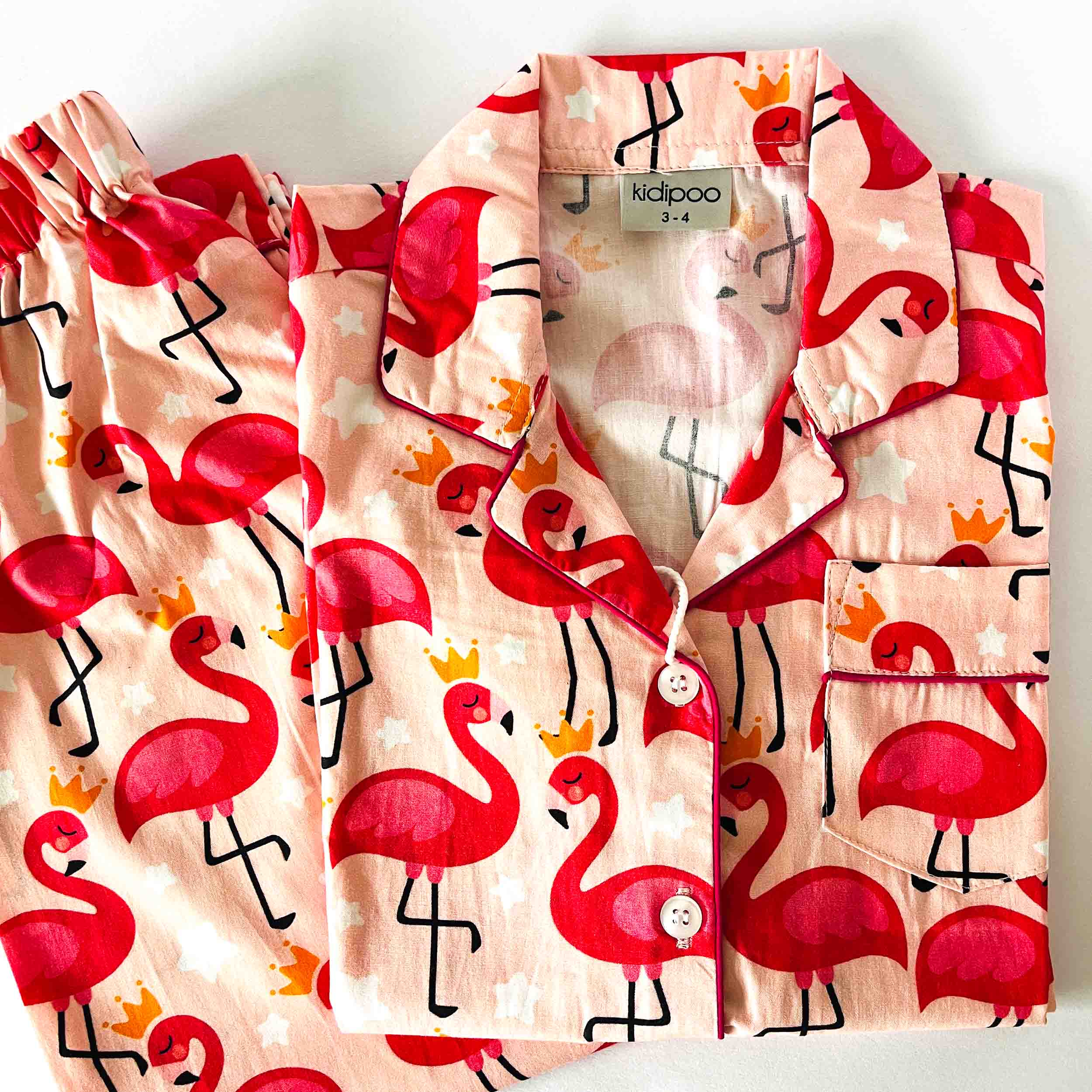 Kids pink flamingo print night suit soft cotton cute sleepwear set
