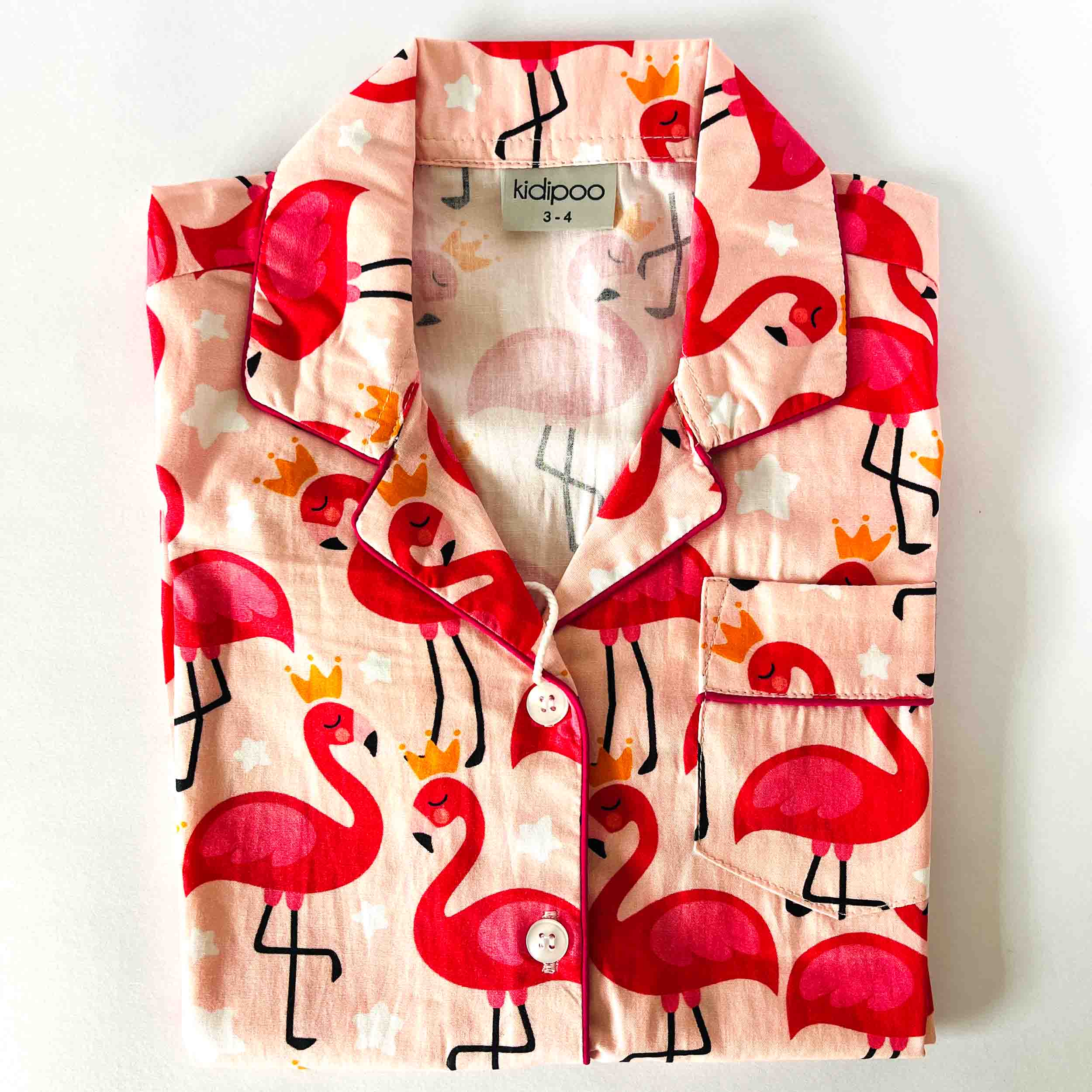 Kids pink flamingo print cotton night suit shirt front view stylish sleepwear