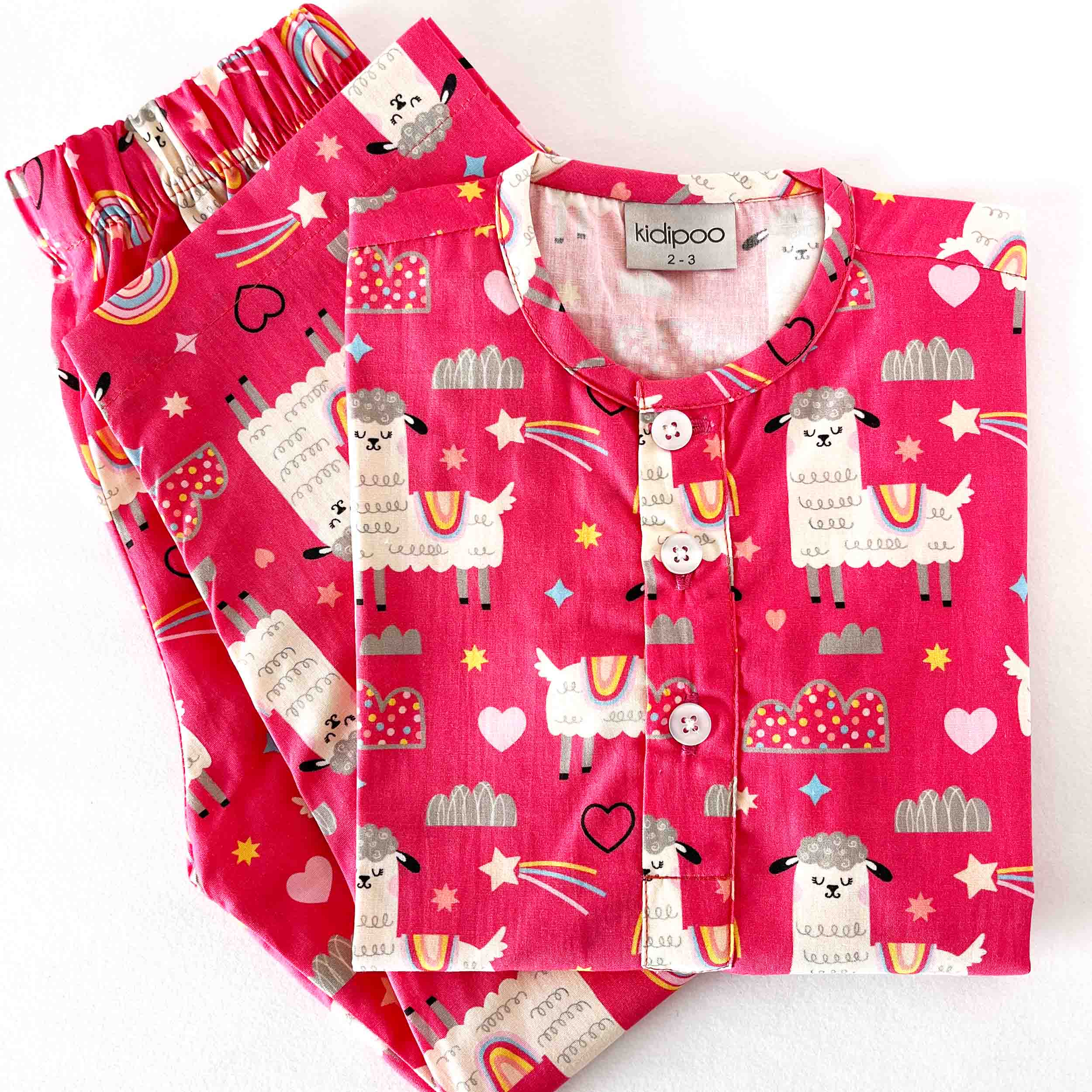 Kids pink Llama print night suit cotton top and pajama set soft sleepwear