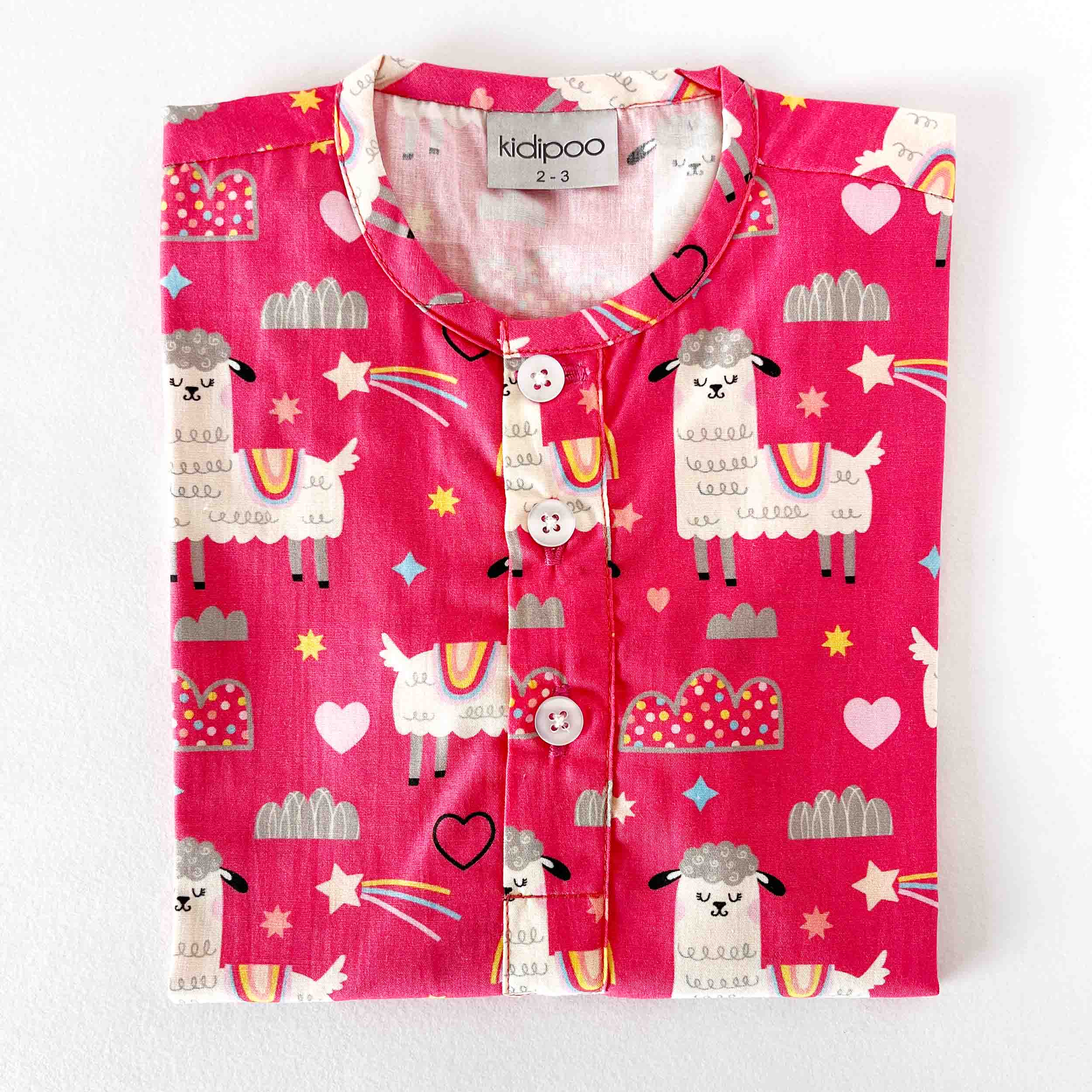 Kids pink cotton night suit top with cute llama print 