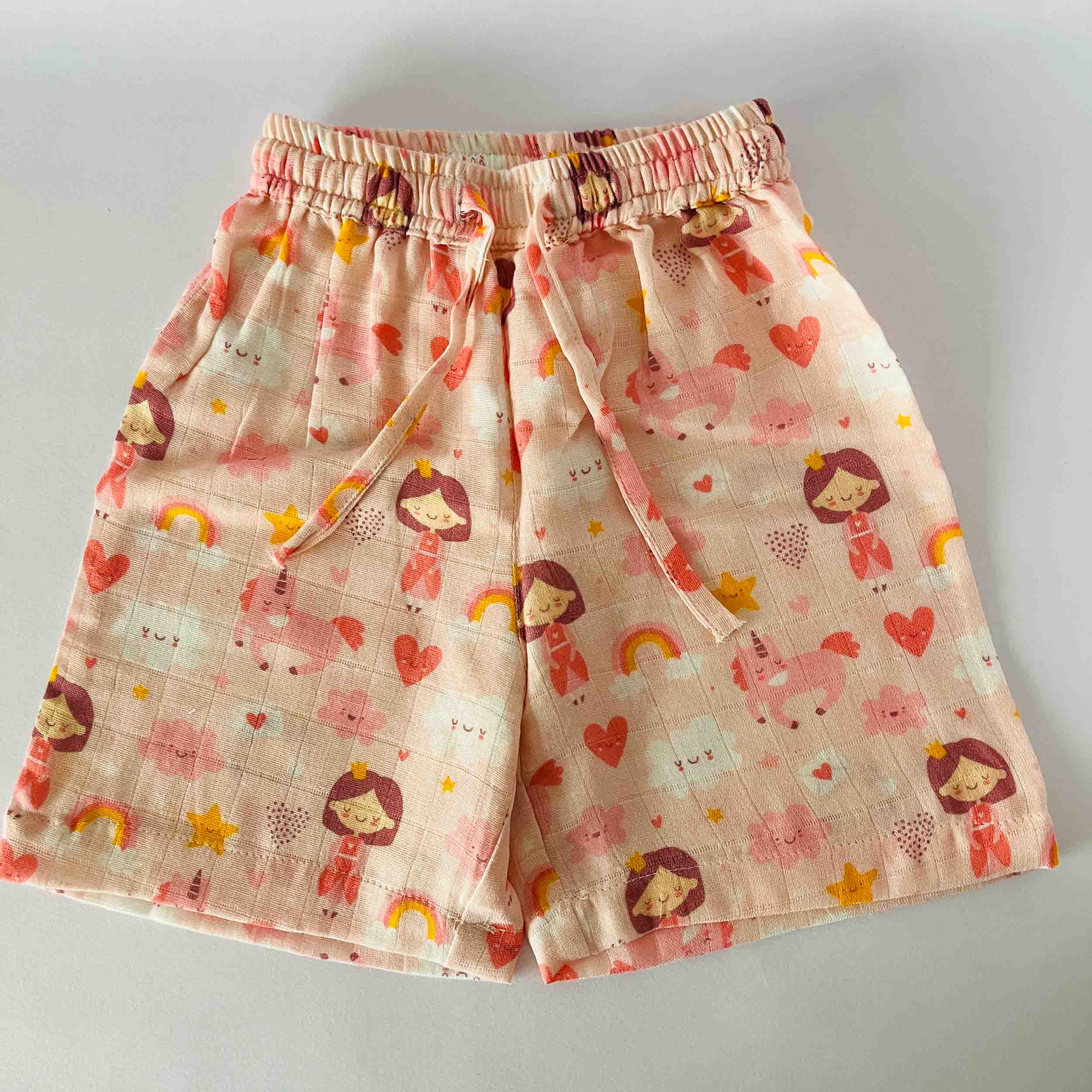 Girls pink princess print muslin cotton elastic waist shorts soft breathable summer coord set bottom for kids girls