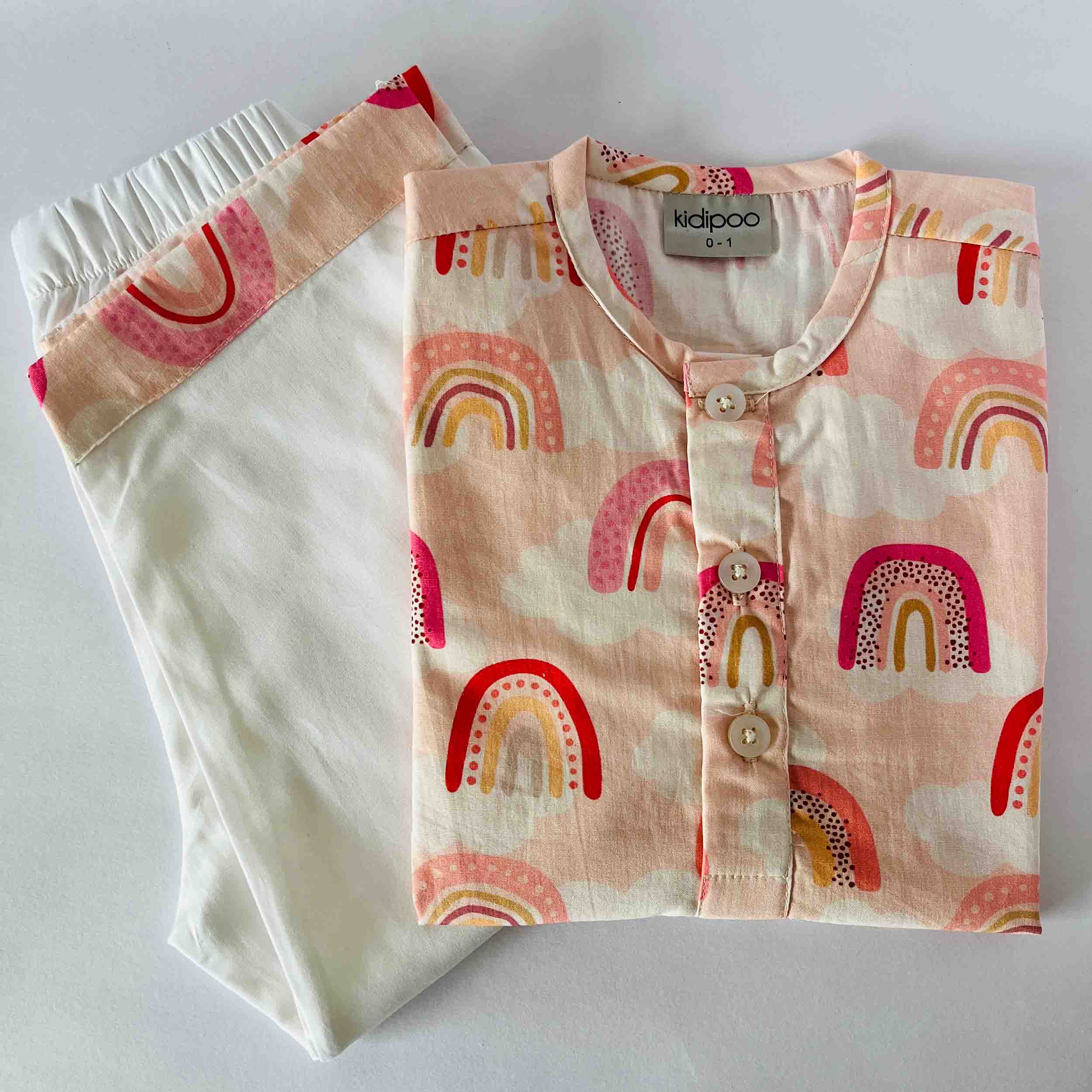 Kids pink rainbow cotton kurta pajama set with long sleeve kurta and elastic waist white pajama breathable ethnic wear