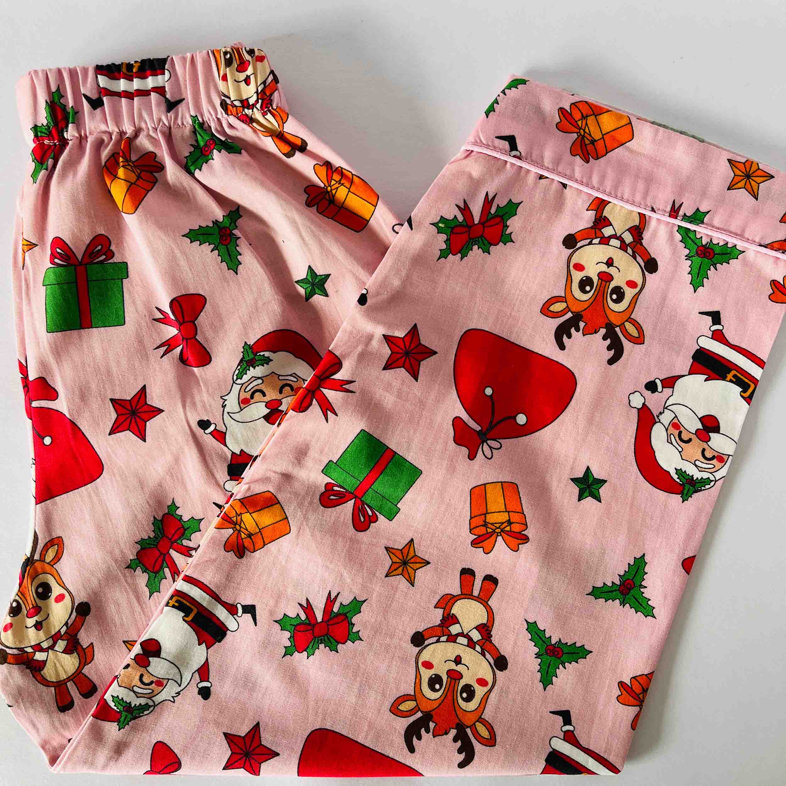 Kids pink Santa print pajama elastic waist cotton nightwear bottom