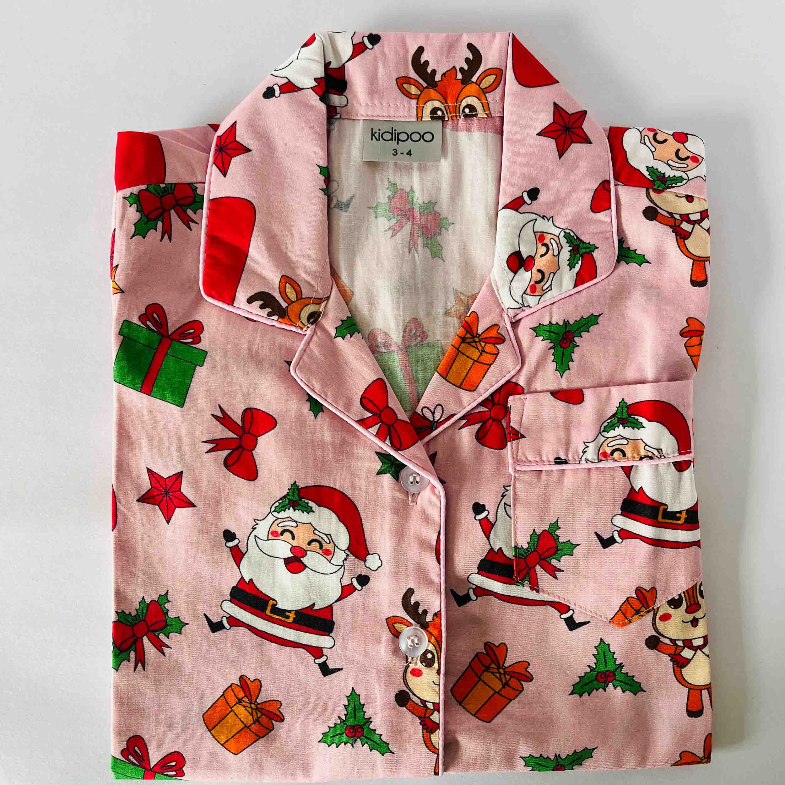 Kids pink Santa print night suit shirt front view soft cotton sleepwear top