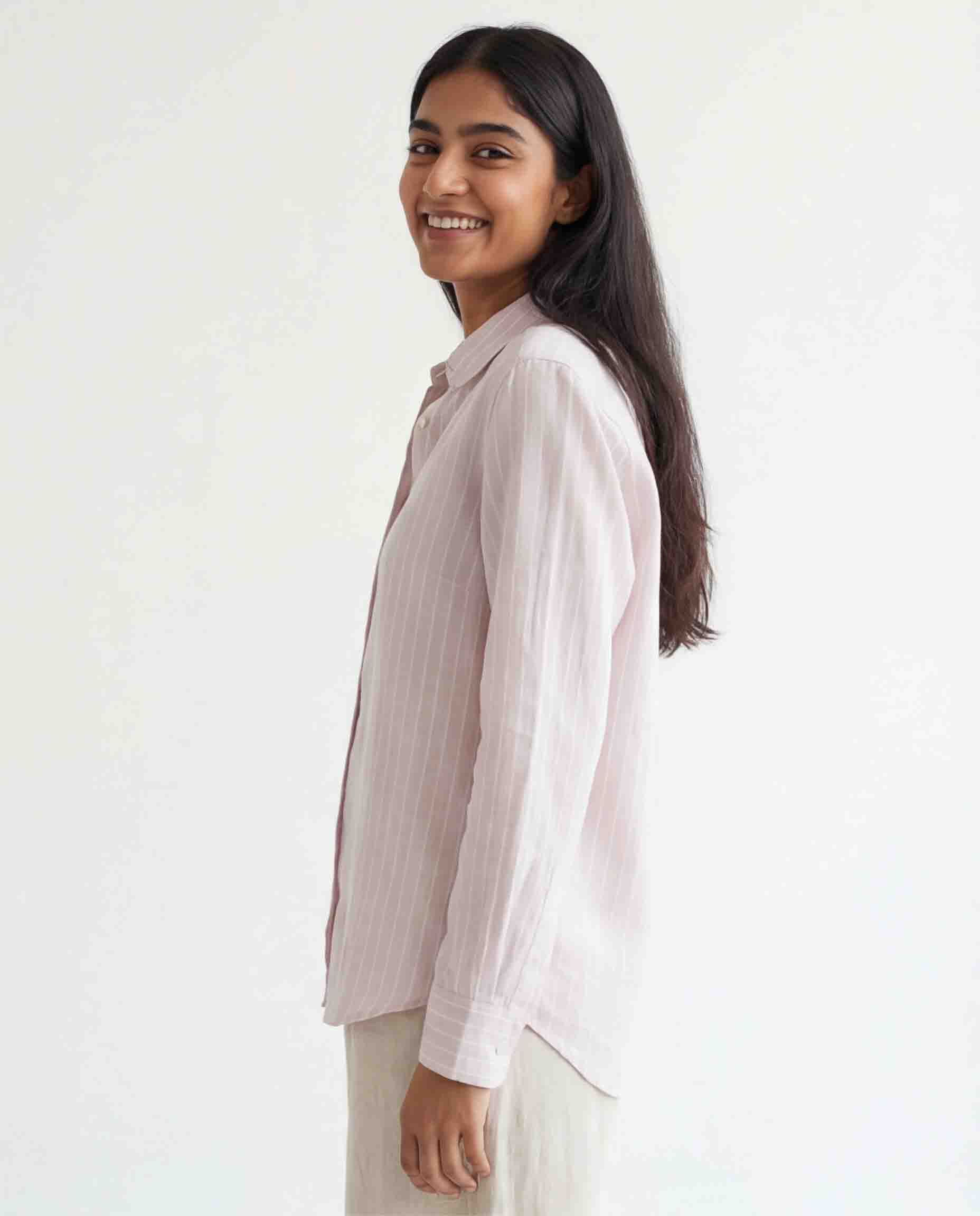 Light pink striped women's shirt side view office wear cotton top