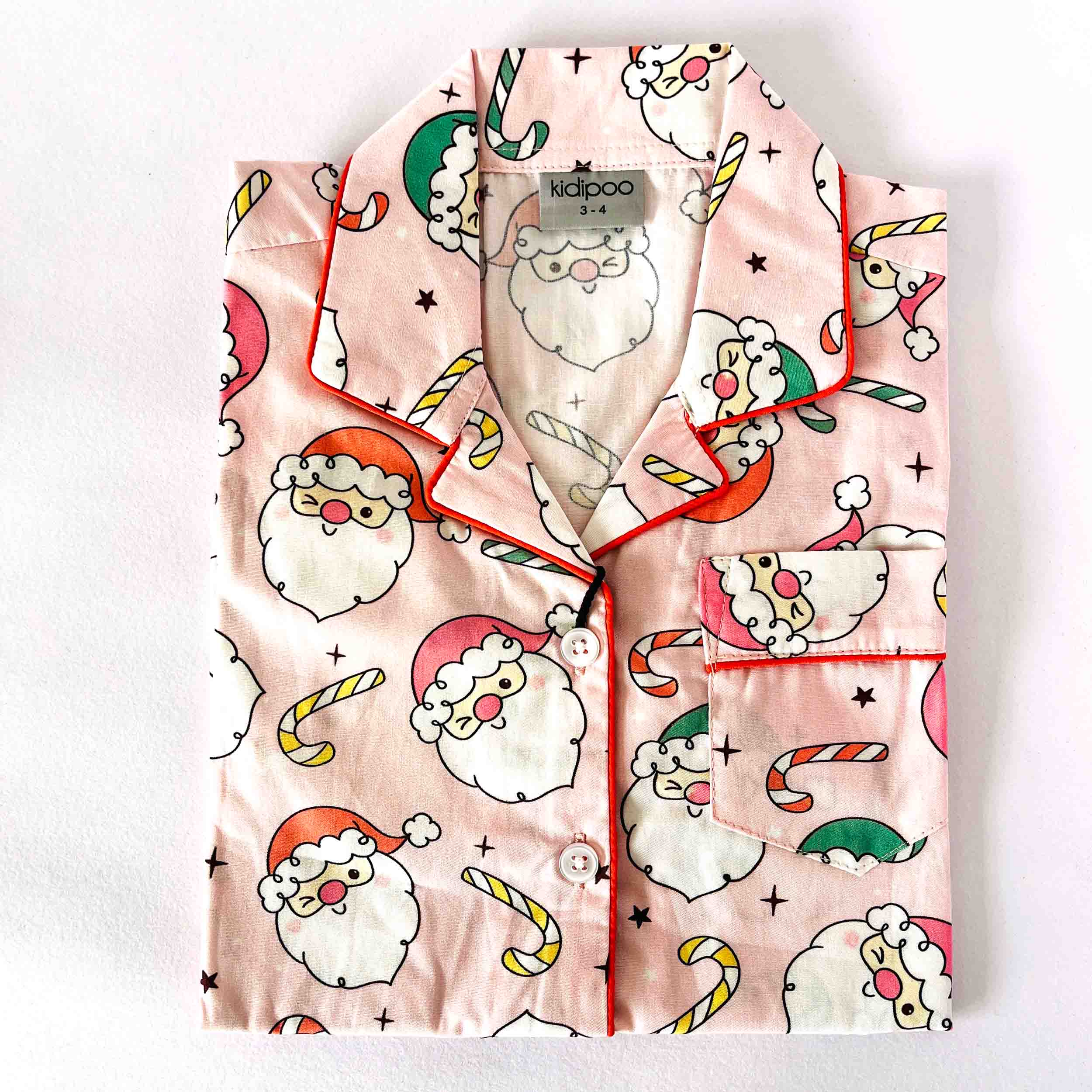 Kids pink Santa print night suit shirt front view cotton sleepwear top