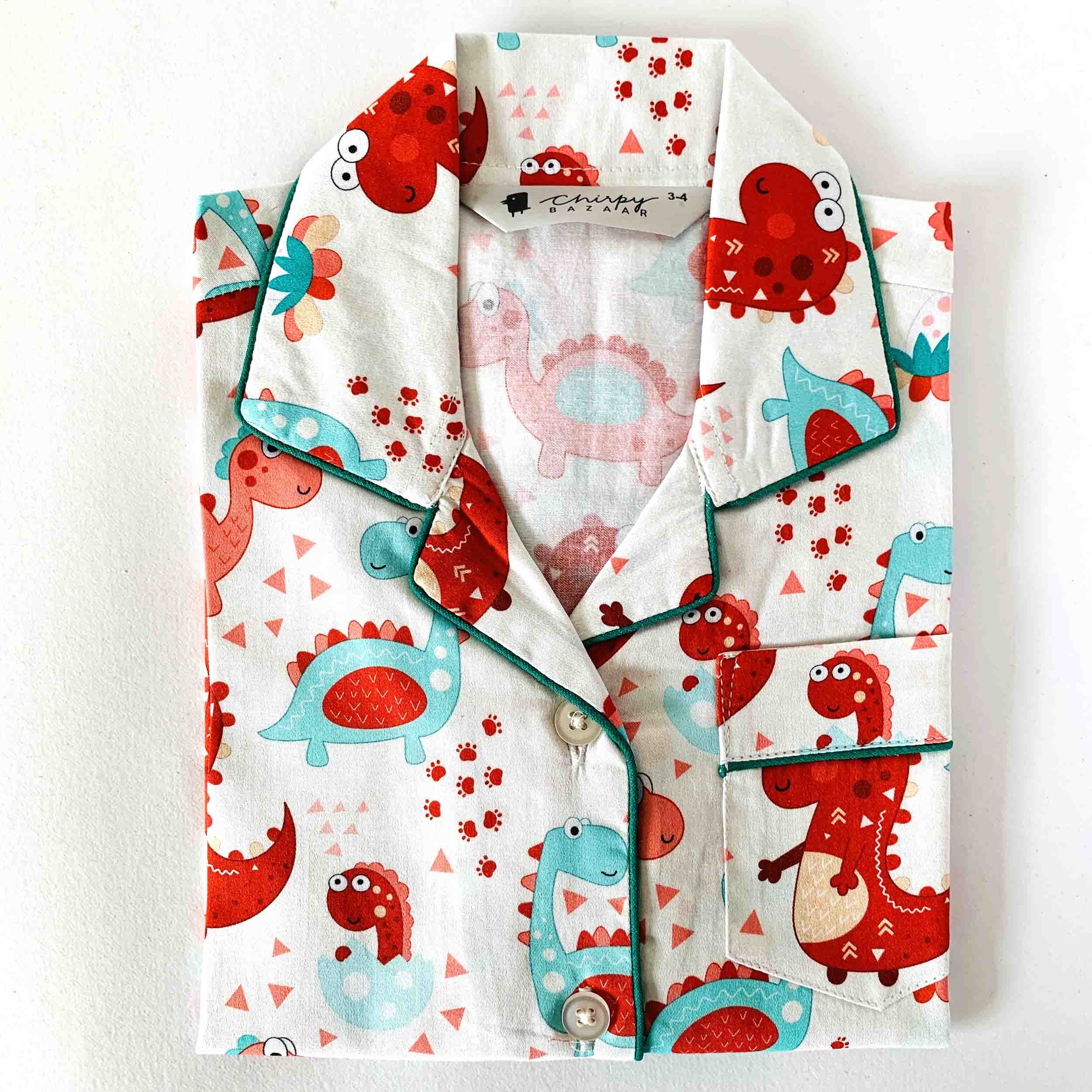 Kids cotton night shirt with dino and animal print and long sleeve front button style