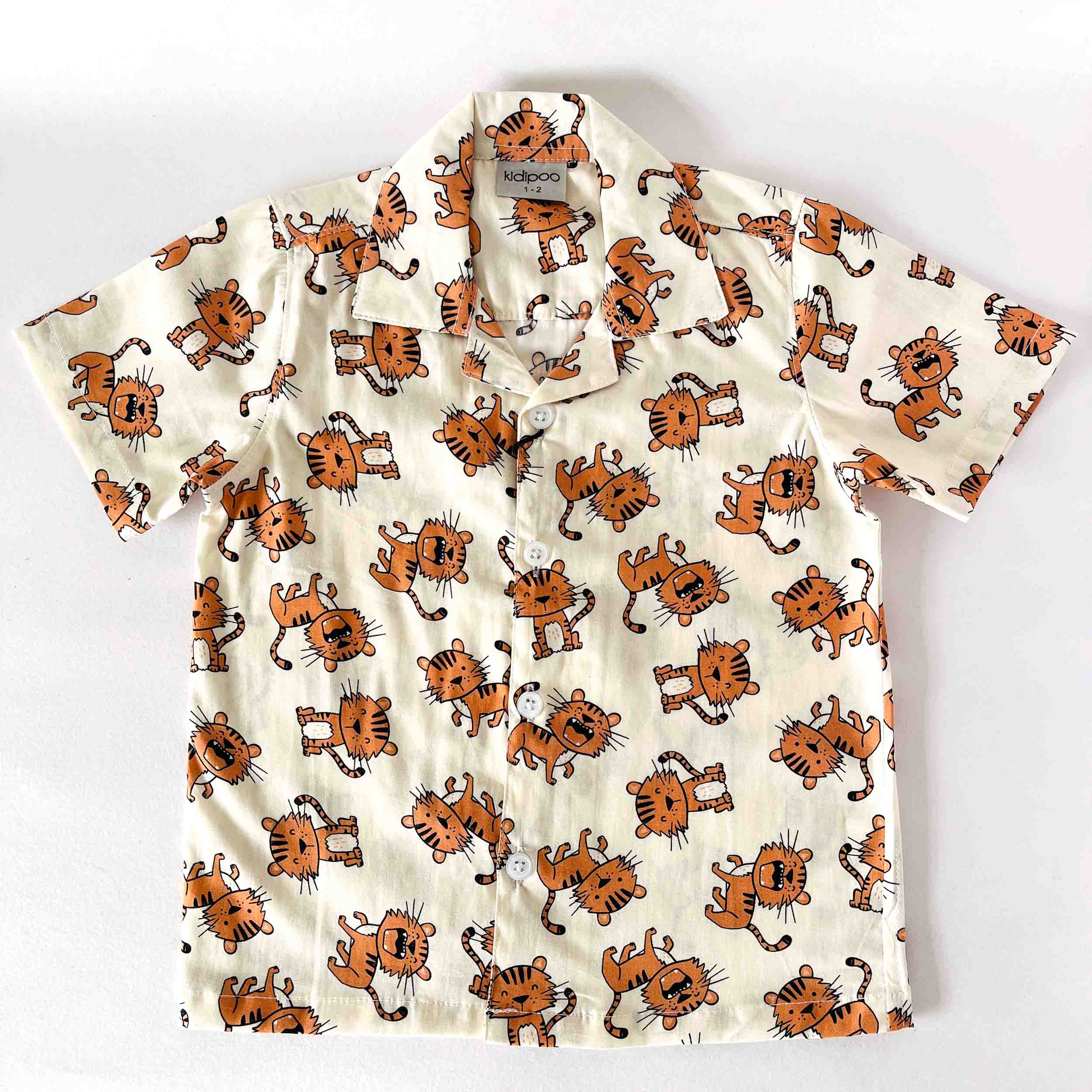 Short-sleeve shirt with tiger pattern on a white background