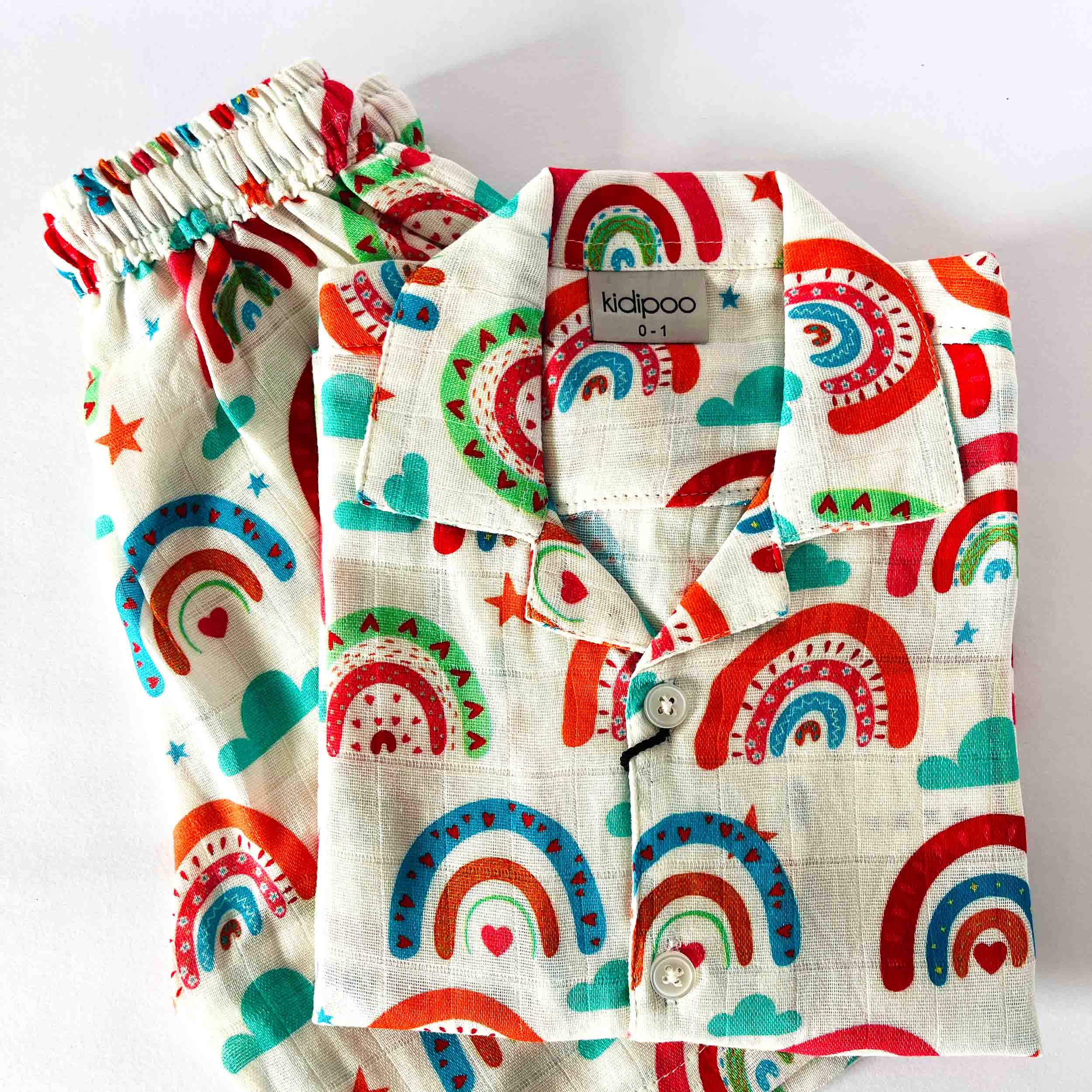 Kids white muslin coord set with rainbow print shirt and shorts summer outfit