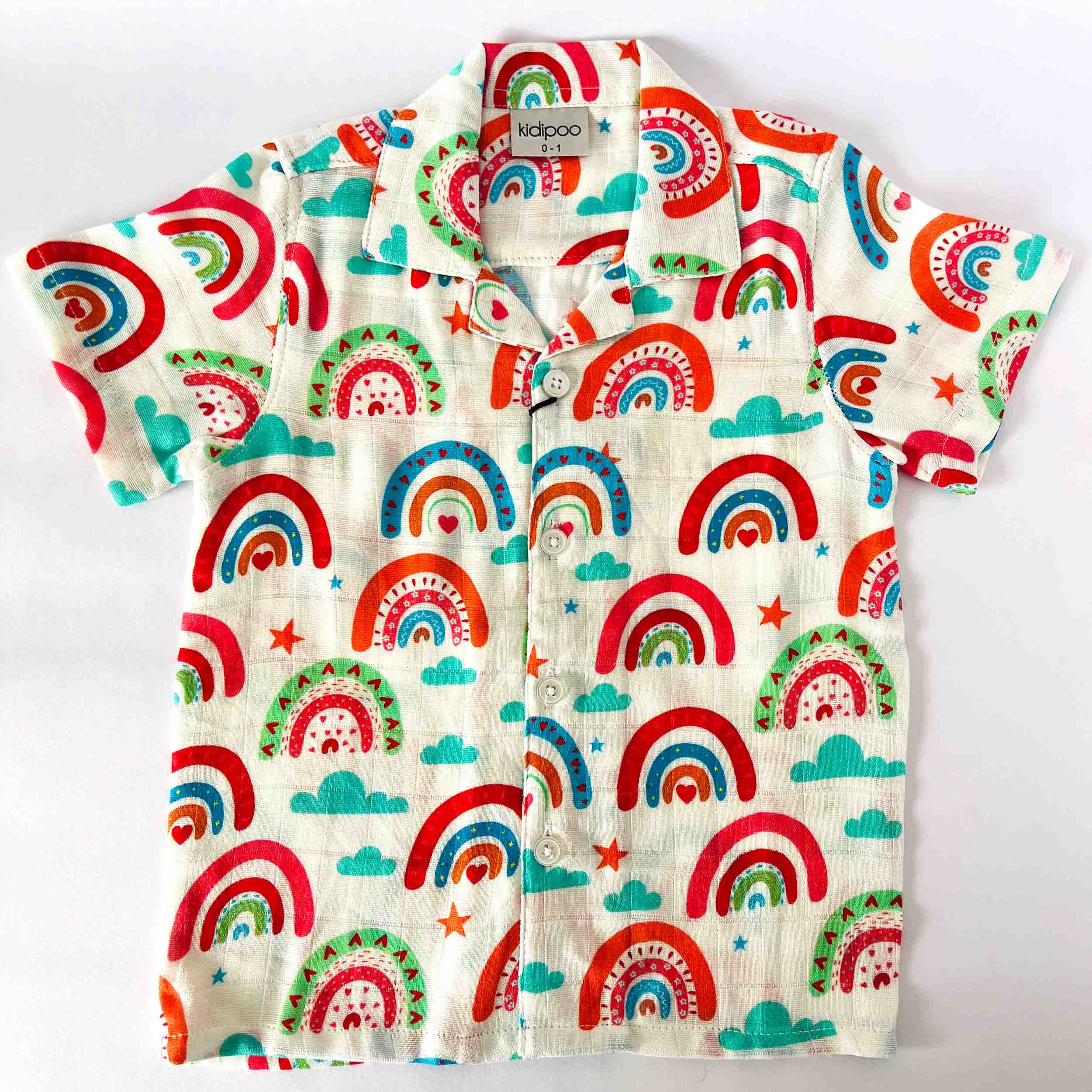 Kids white muslin cotton shirt with colorful rainbow print half sleeve front view