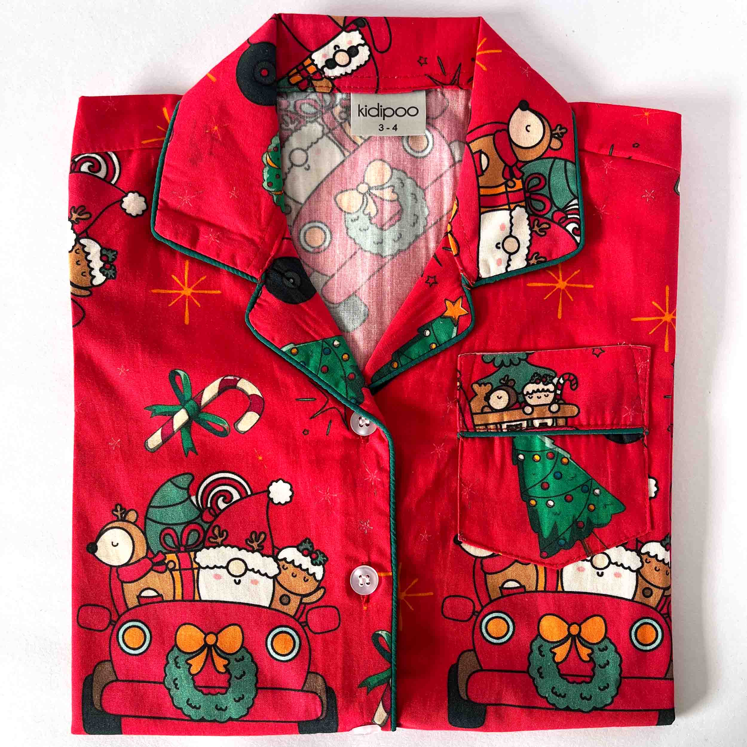 Kids red Christmas car print night suit shirt front view cotton sleepwear top