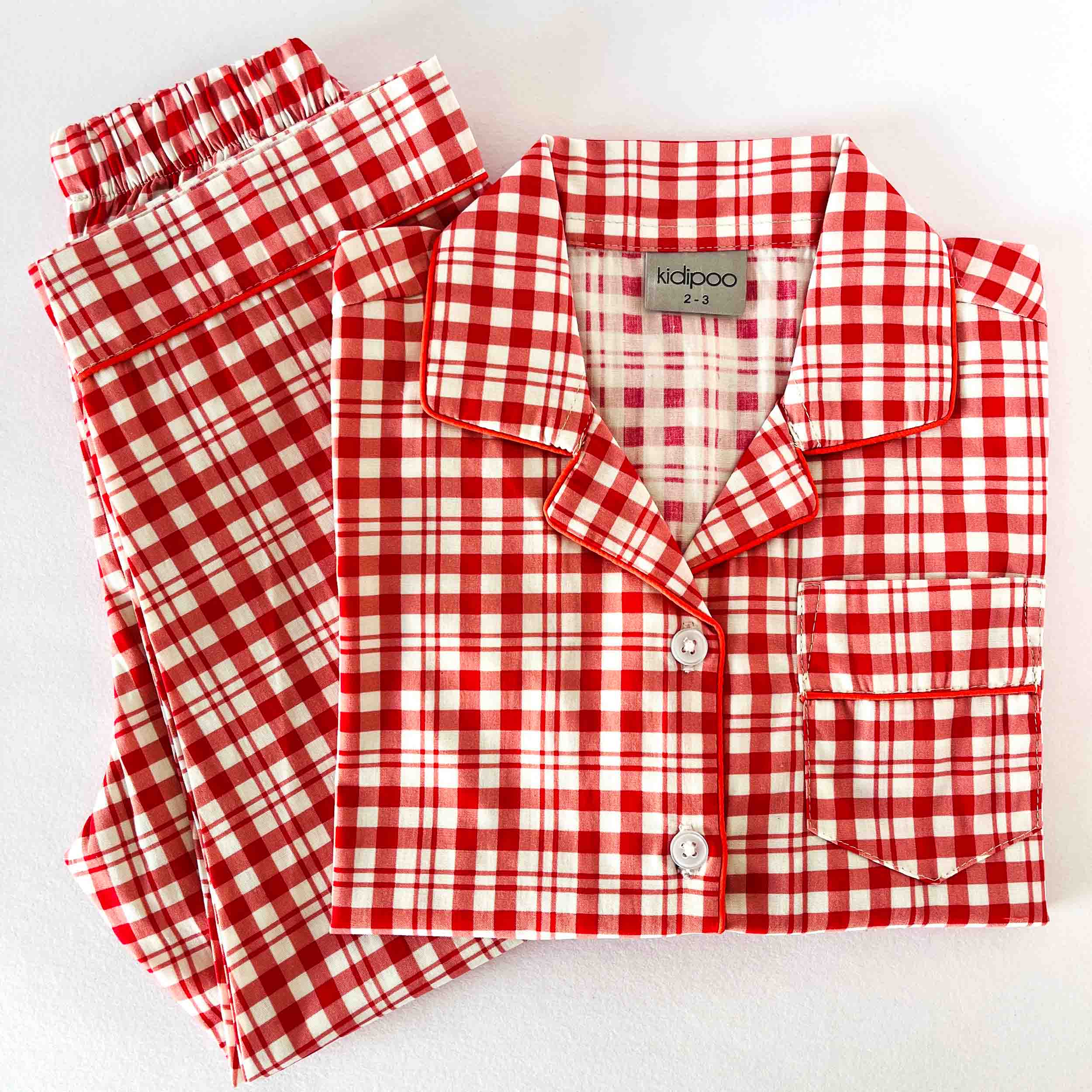 Kids red checkered night suit soft cotton classic sleepwear set 