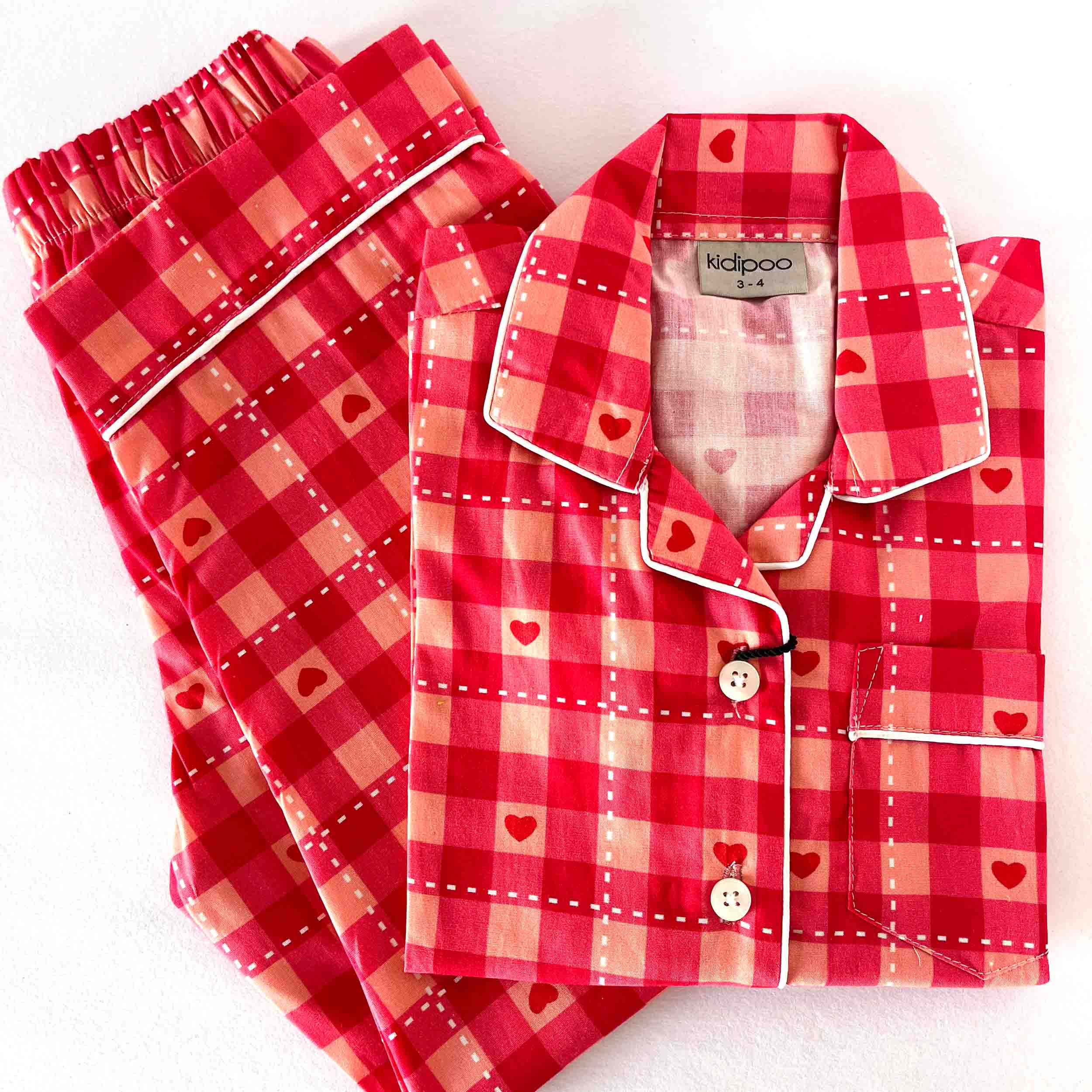 Kids red check cotton night suit with heart print long sleeve shirt and pajama set