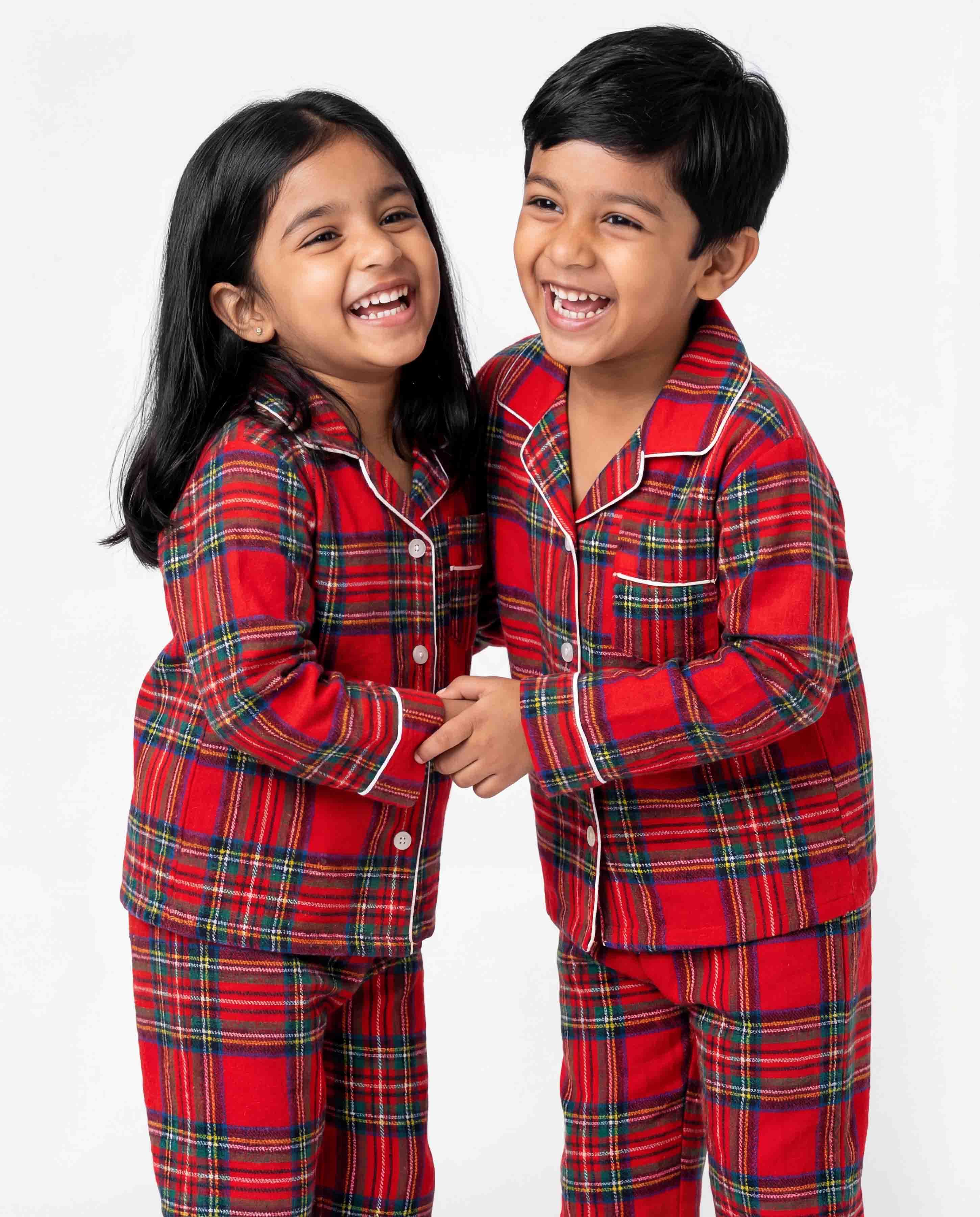 Kids red flannel checkered cotton night suit with full sleeve shirt and matching full length pajama warm soft winter sleepwear set for boys and girls