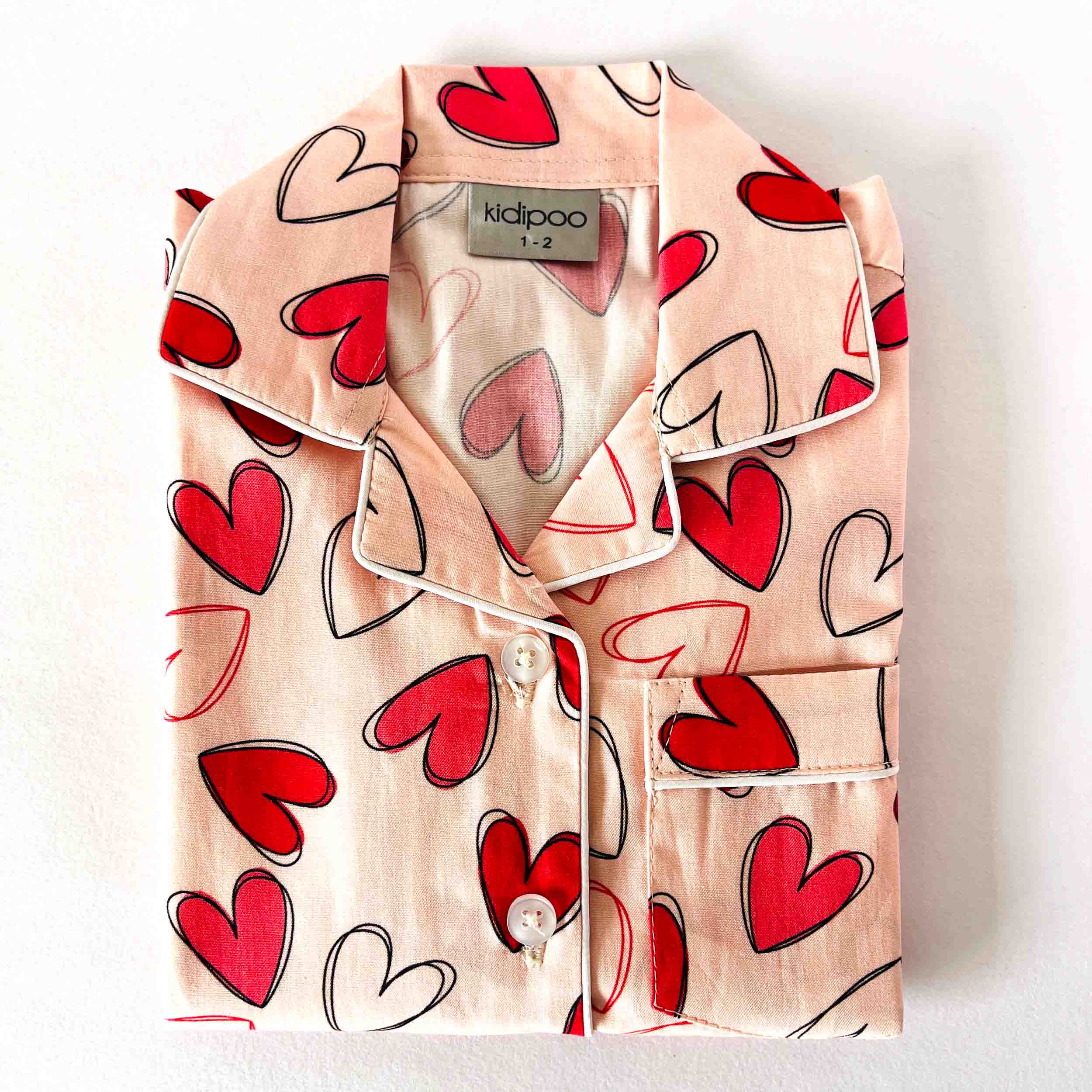 Kids  red hearts print night suit shirt front view cotton sleepwear top