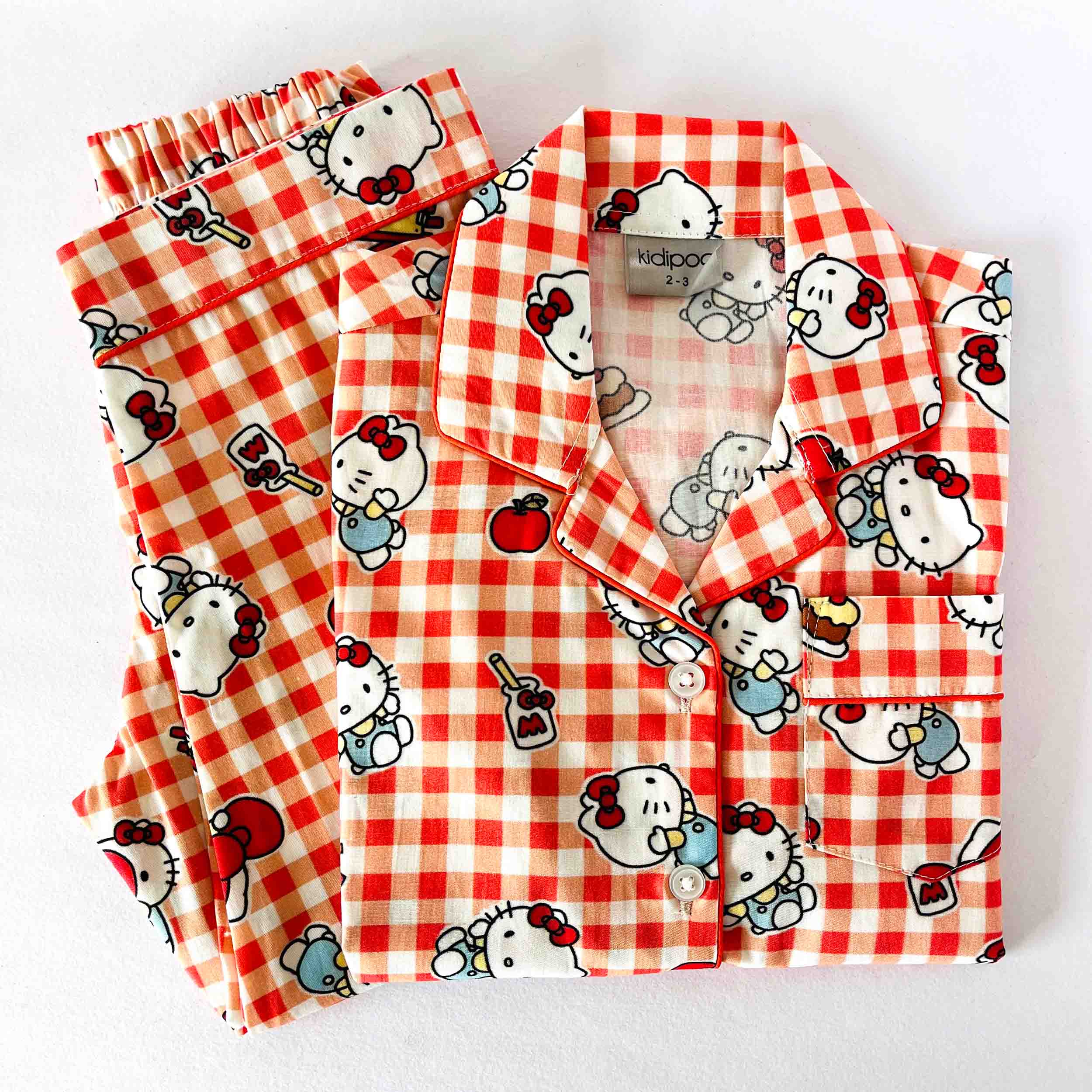 Cute kitty print kids cotton night suit with long sleeve shirt and pajama set in red checks