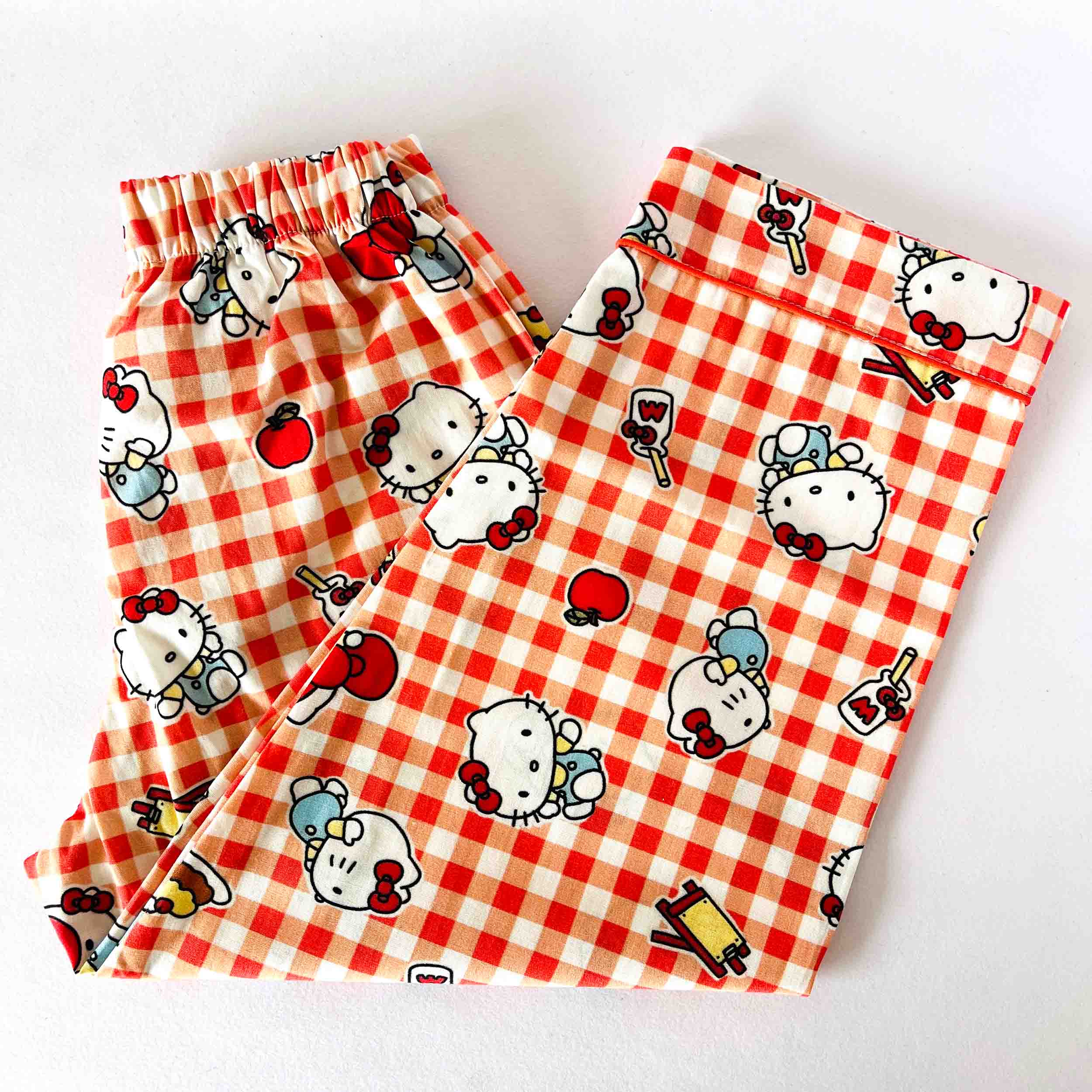 Kids kitty print cotton pajama with red check pattern and elastic waist