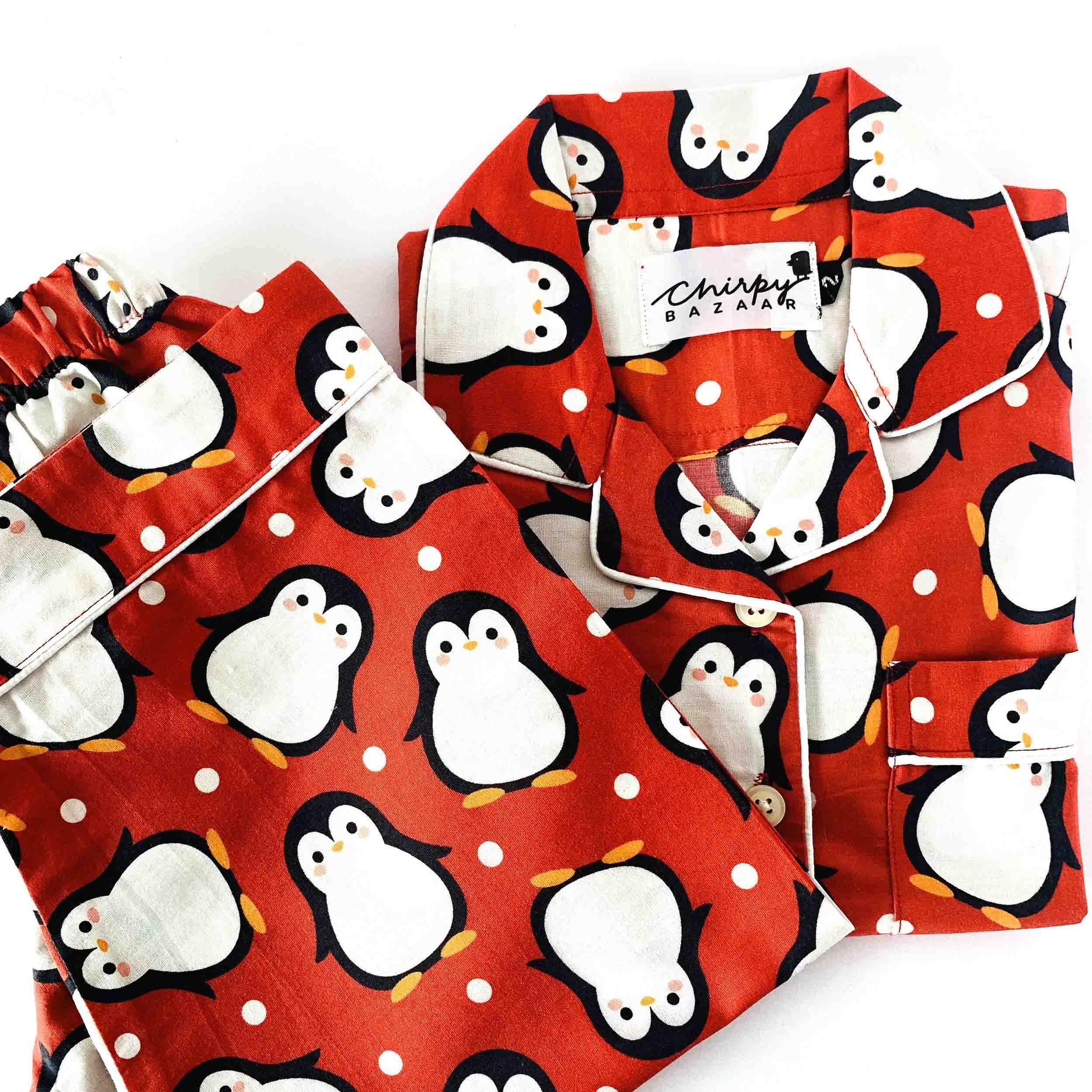 Kids red penguin print cotton night suit set with long sleeve shirt and elastic waist pants soft breathable sleepwear 