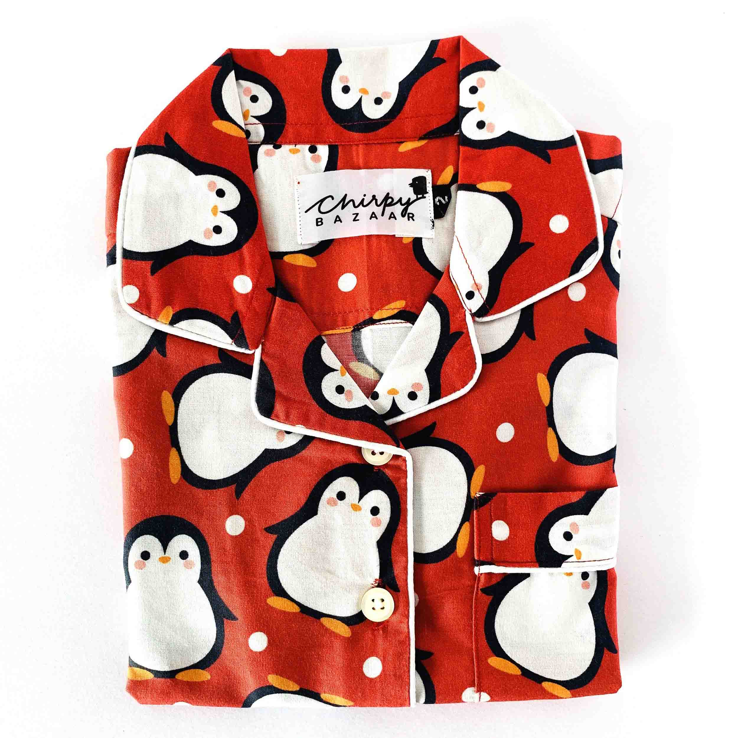 Kids red penguin print cotton night suit shirt with long sleeves button-down front and pocket soft breathable sleepwear 