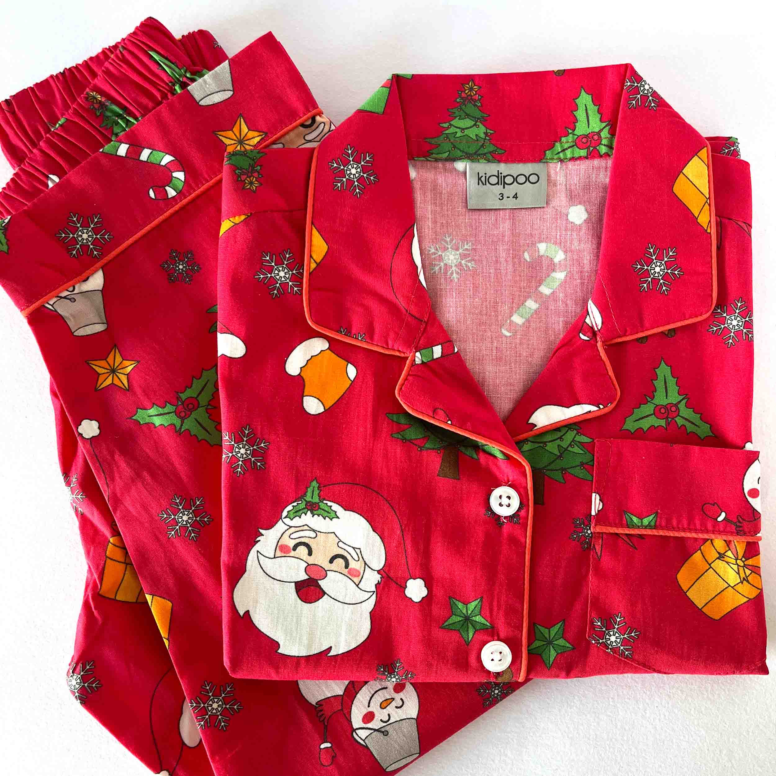 Kids red cotton night suit set with Santa and snowman print soft breathable comfortable Christmas sleepwear