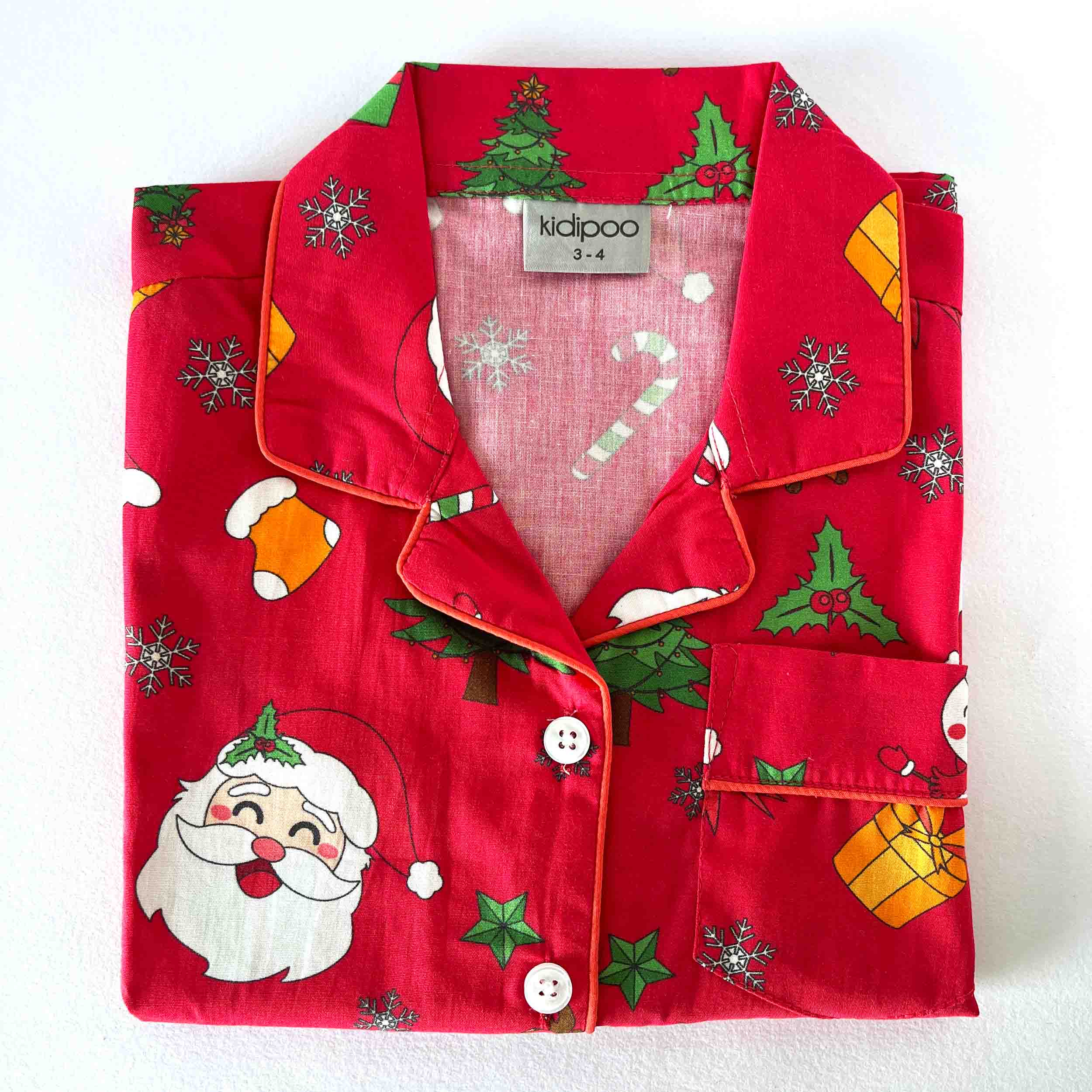 Kids red cotton night suit shirt with Santa and snowman print soft breathable comfortable Christmas sleepwear
