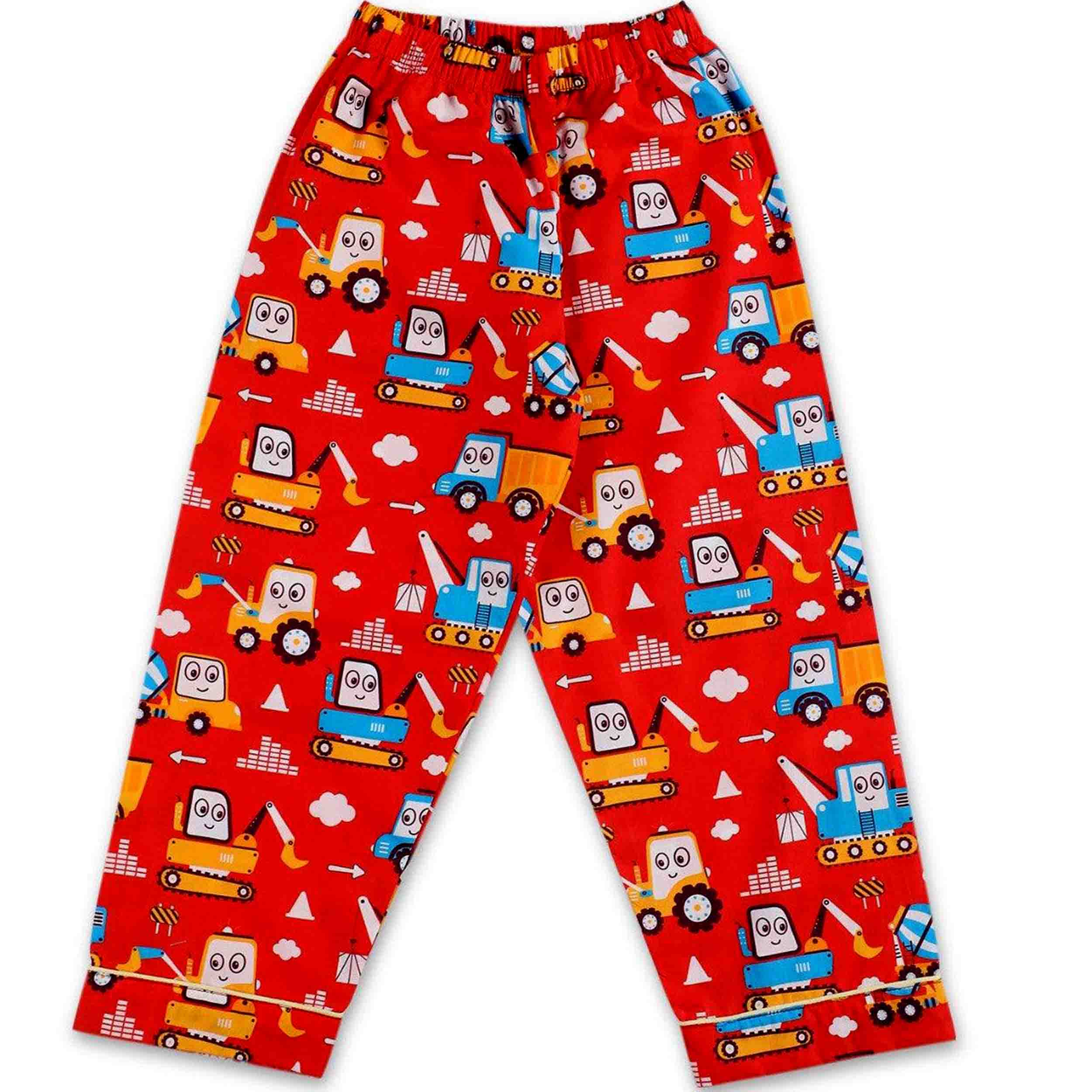 A red and blue baby night suit with a truck pattern, consisting of a long sleeve shirt and pants.