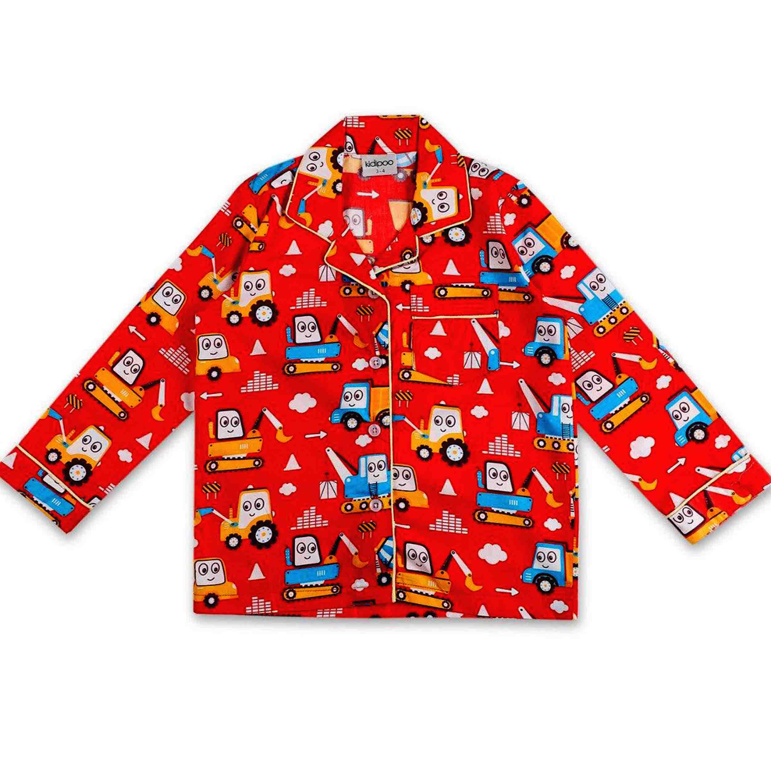 A red and blue baby night suit with a truck pattern, consisting of a long sleeve shirt and pants.
