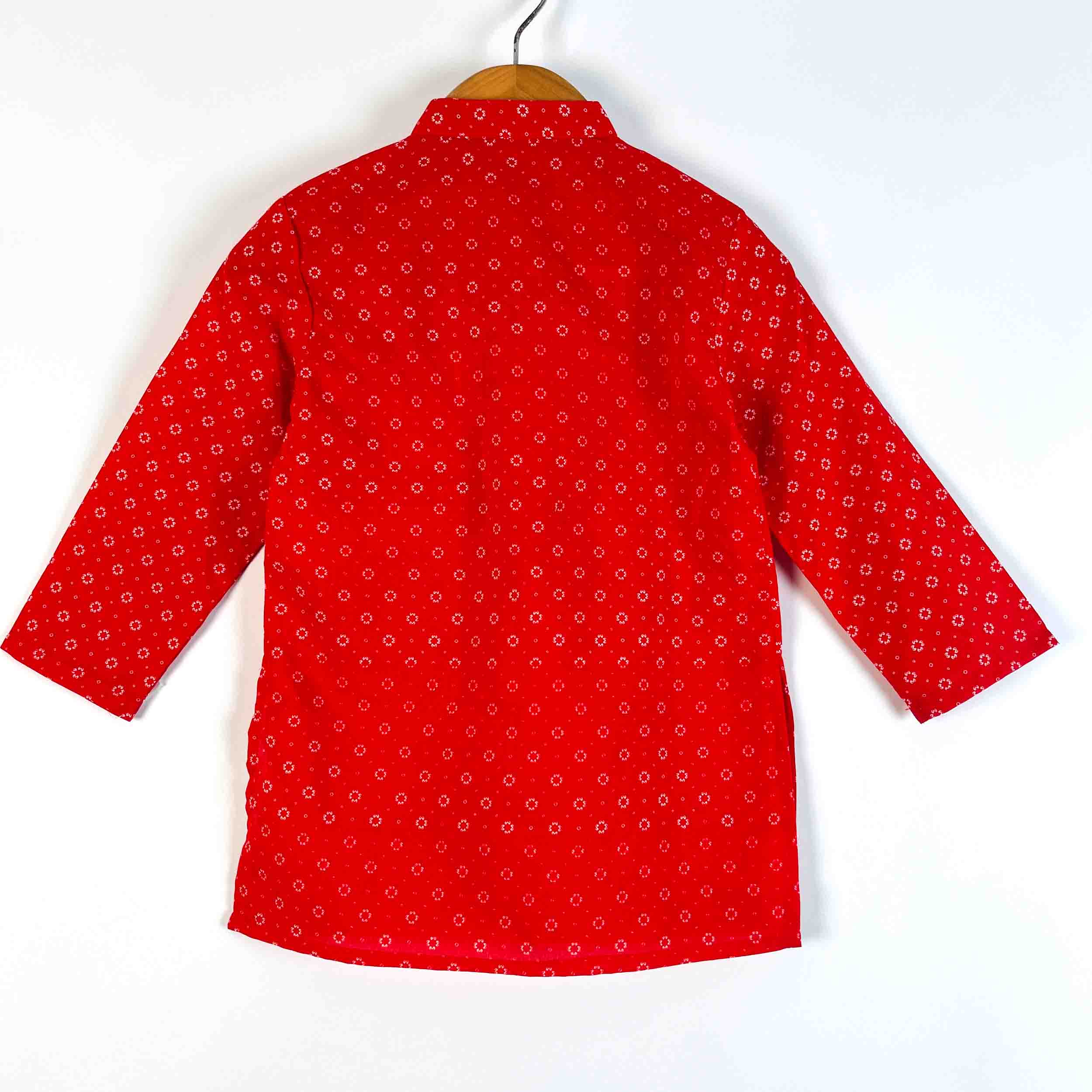 Back view of boys Red Utsav printed cotton kurta with full sleeves and mandarin collar