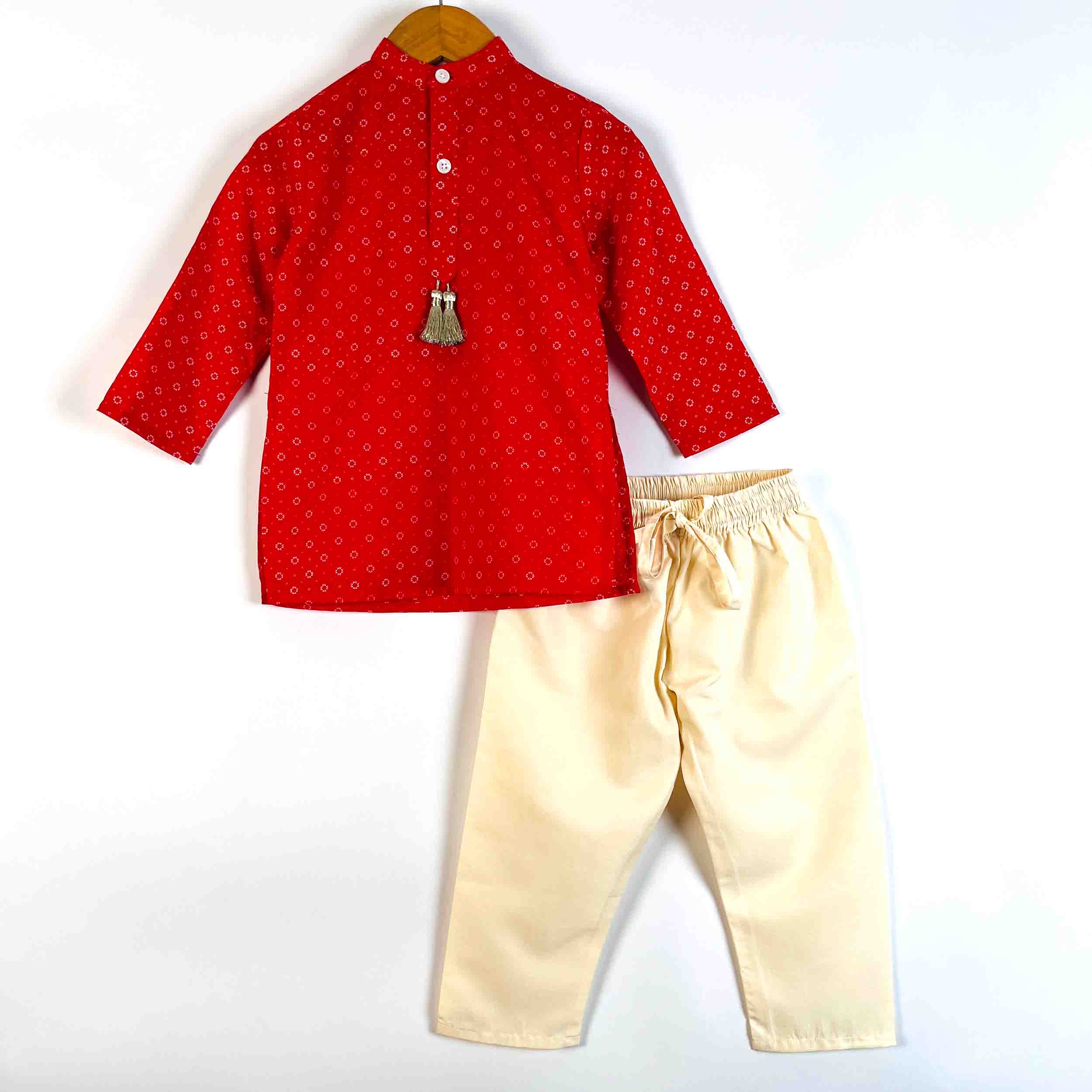 Boys Red Utsav printed cotton kurta and cream pajama set with full sleeves and mandarin collar