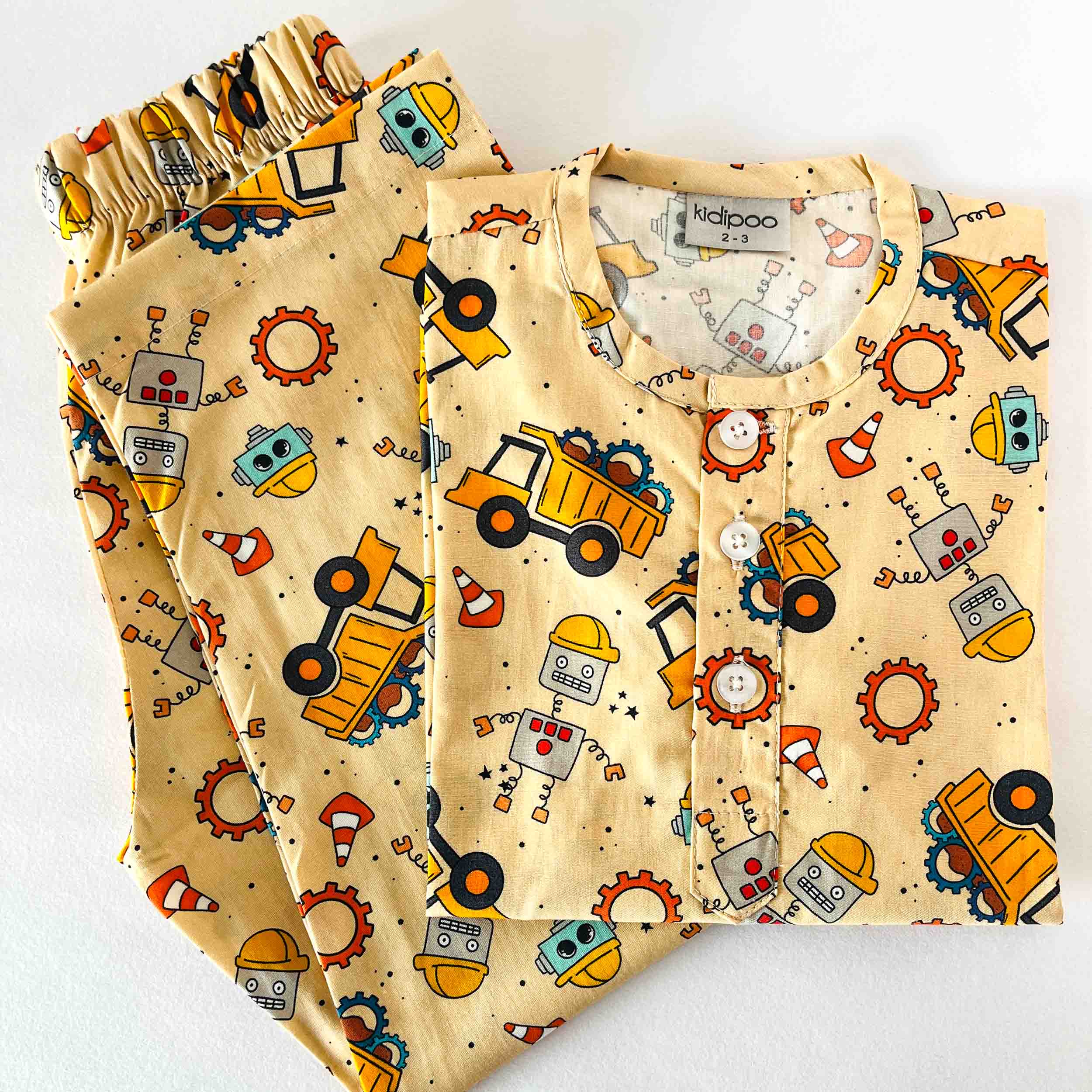 Kids robot print night suit cotton long sleeve shirt and pajama set