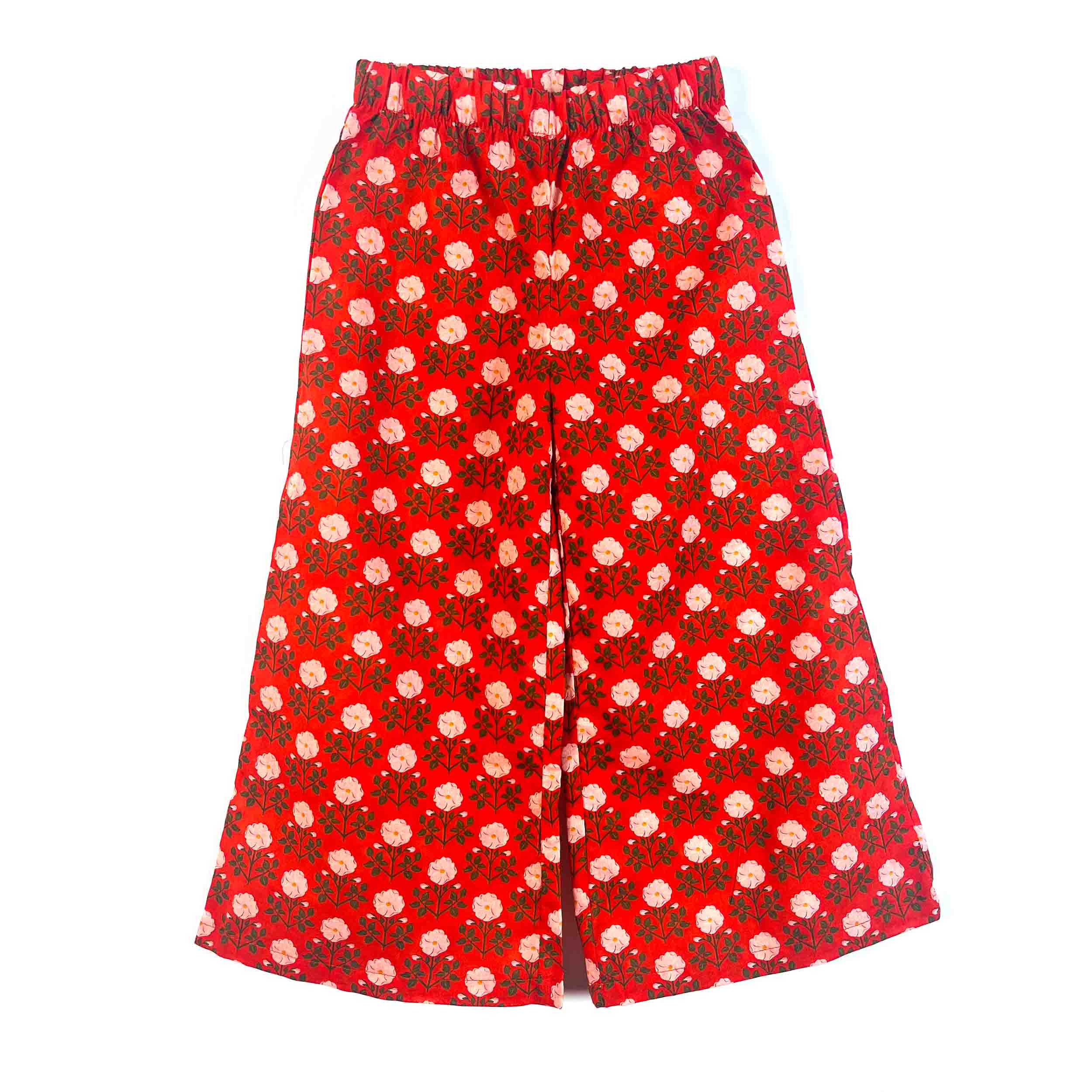 Girls' red floral wide-leg palazzo pants with elastic waistband, made from 100% cotton