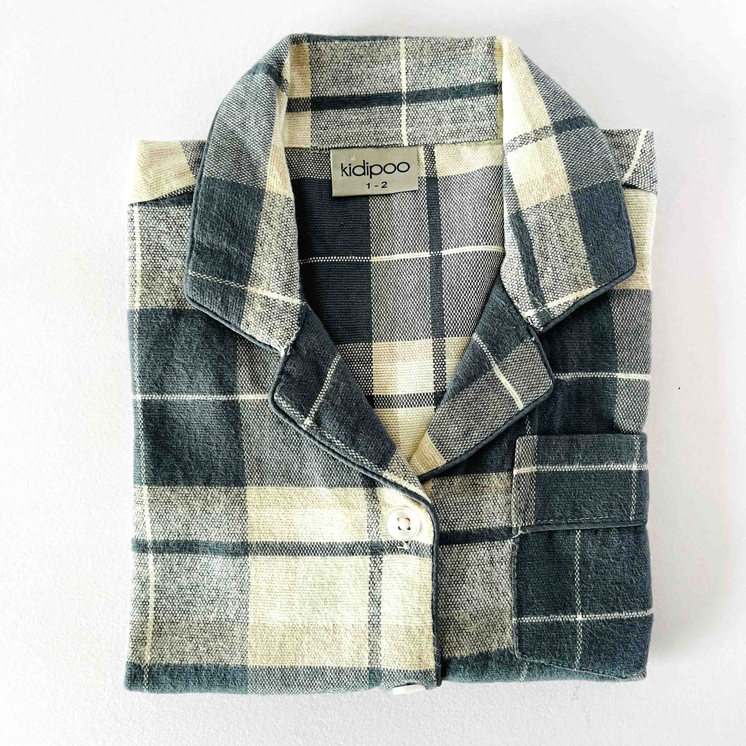 Kids green checkered flannel night suit shirt front view soft cotton sleepwear top