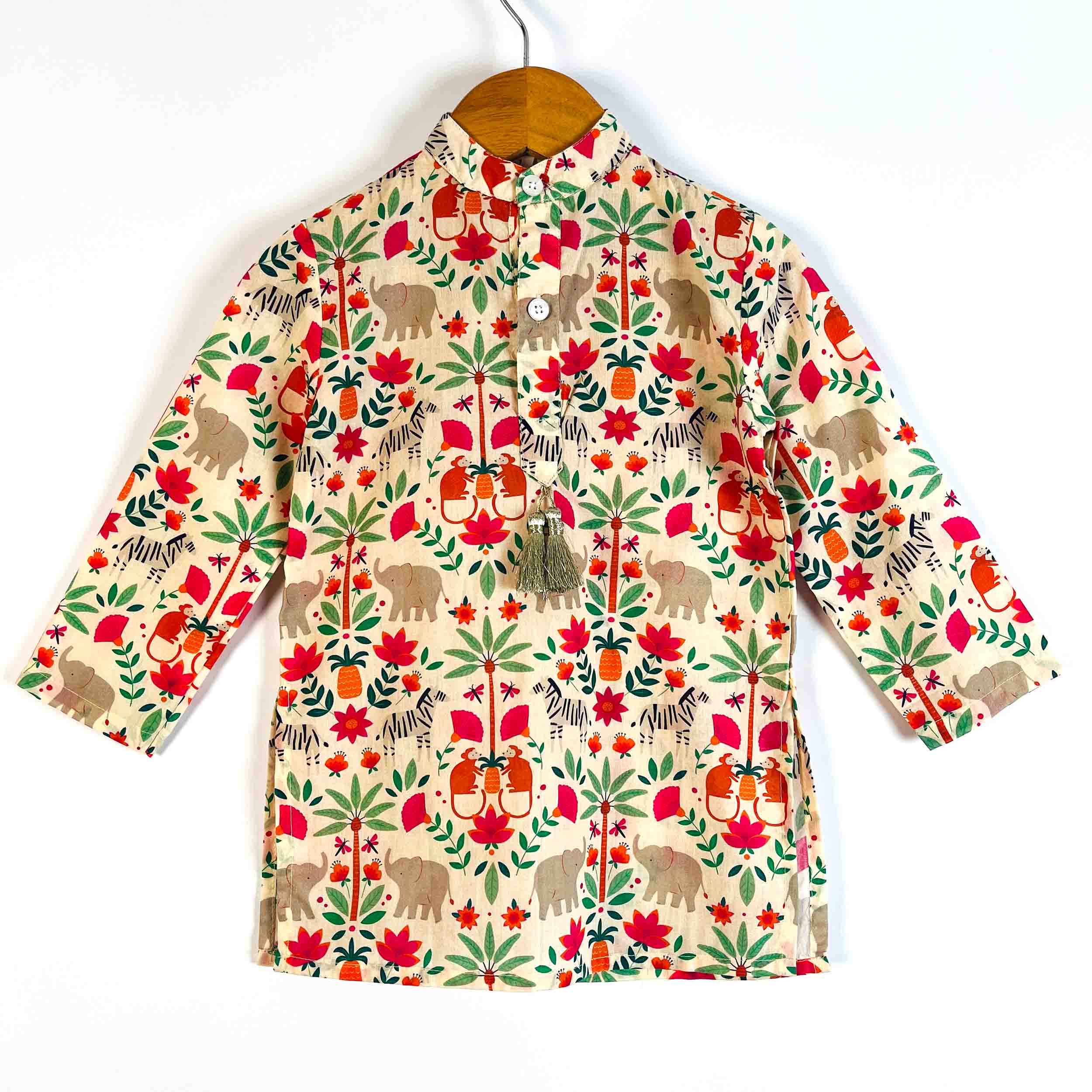 Front view of boys Royal Safari printed cotton kurta with full sleeves and mandarin collar