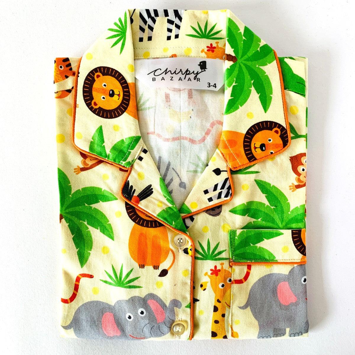 Kids cream cotton night suit with safari animals print long sleeve shirts and pajama button down breathable soft multicolor 