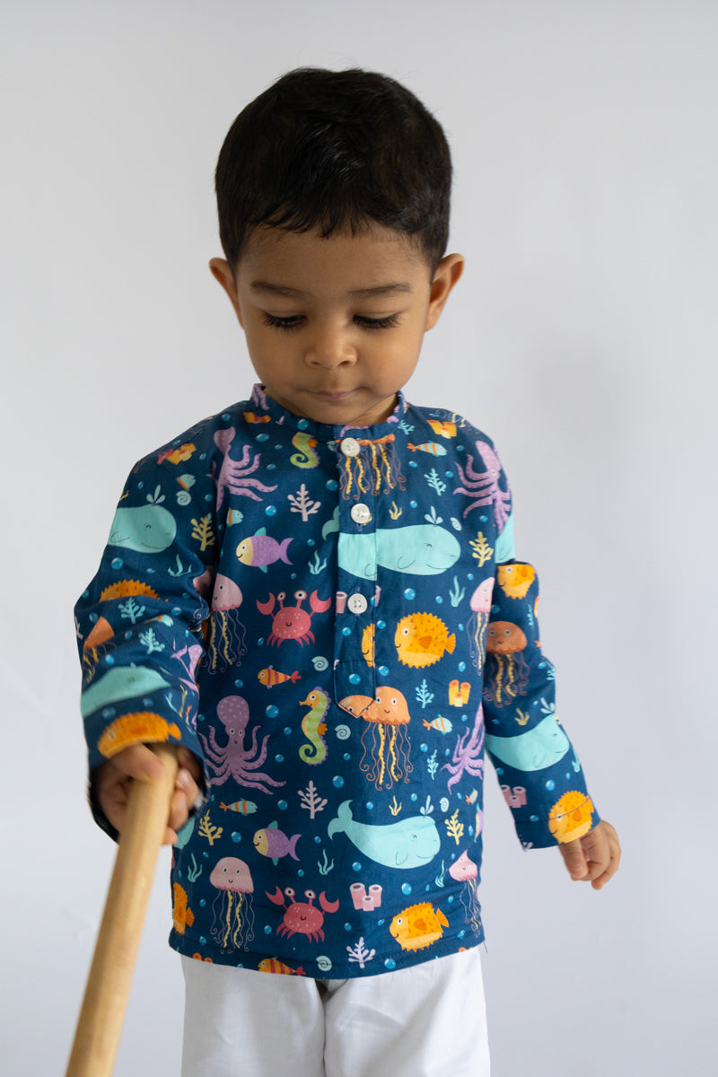 "Kidipoo sea creatures print cotton kurta pajama set front detail kids outfit"