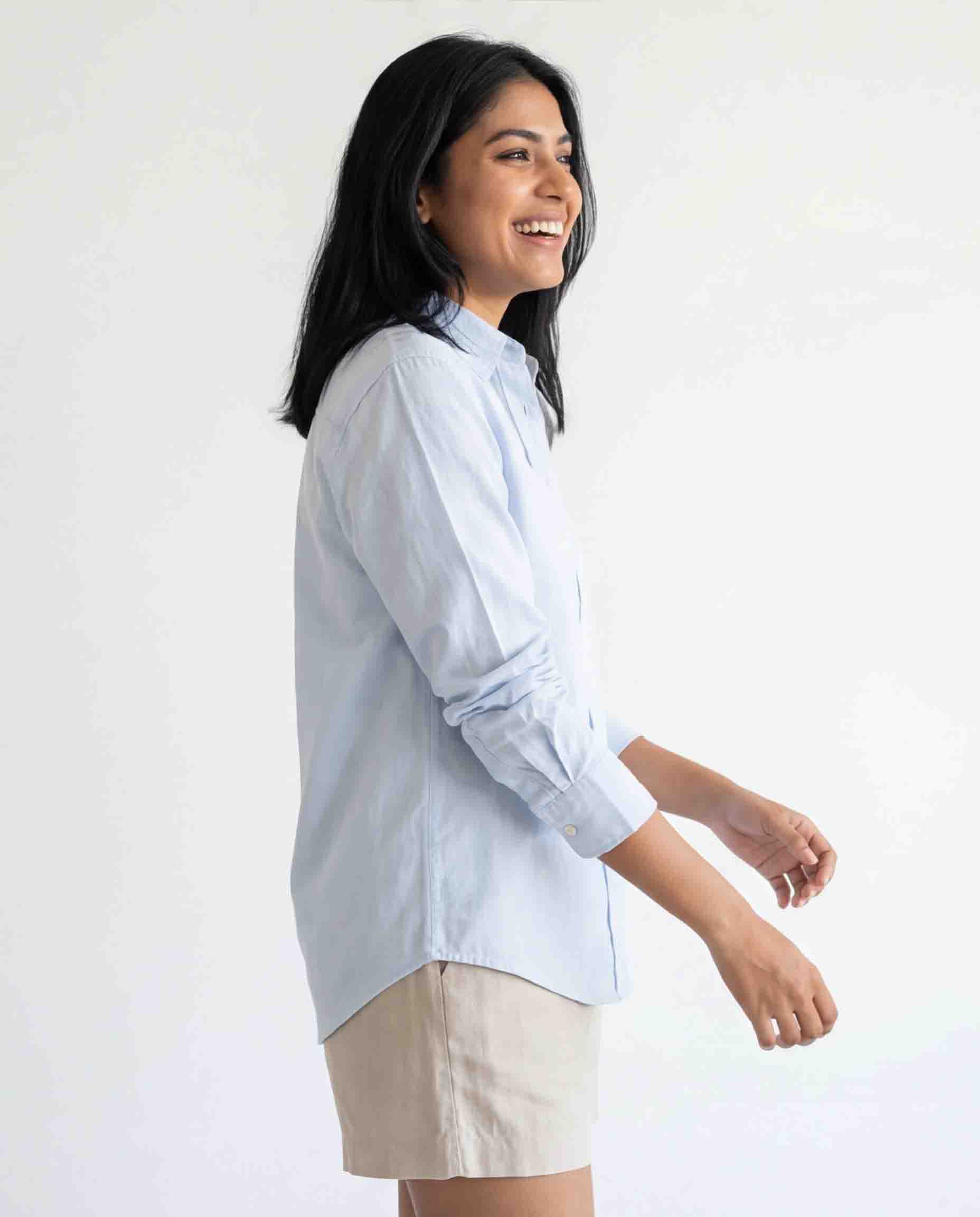 Sky blue cotton linen women's shirt side view lightweight casual outfit