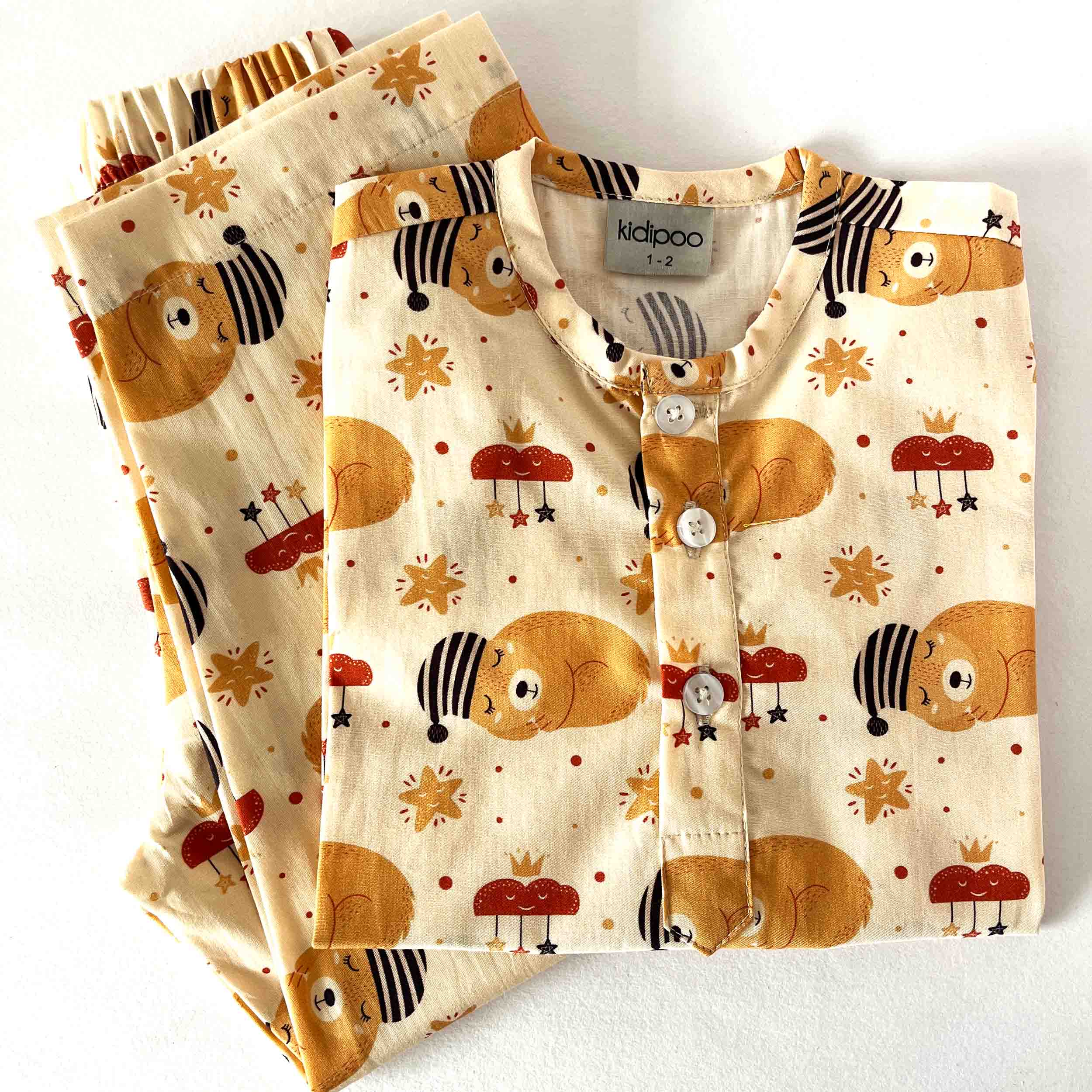 kids bear print cotton night suit shirt and pajama set soft sleepwear