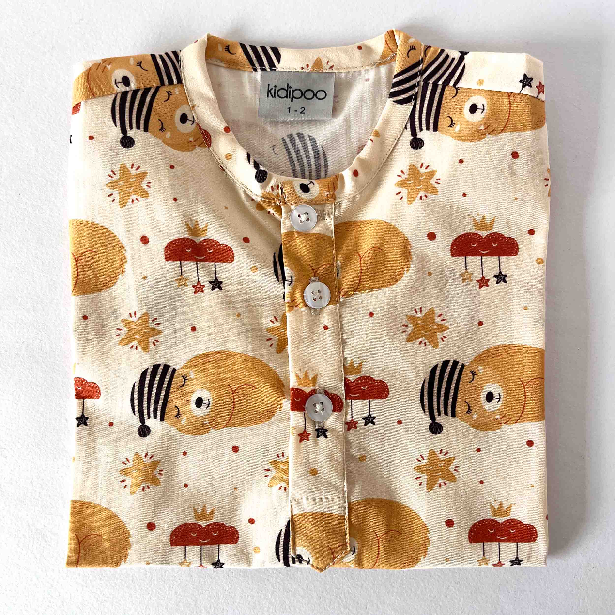 kids bear print cotton night suit shirt button front sleepwear top