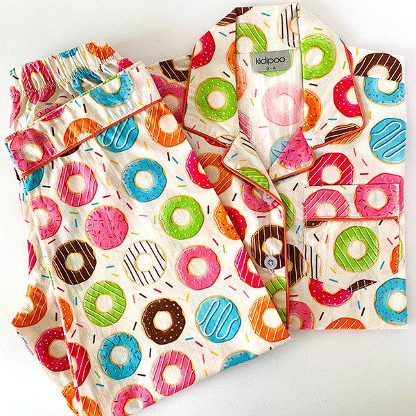 Colorful donuts print kids night suit soft cotton sleepwear set folded view