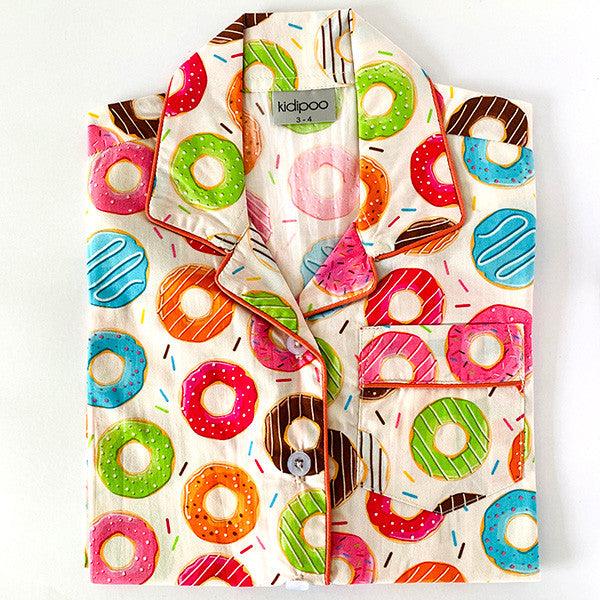 Kids donuts print night suit shirt front view soft cotton sleepwear top