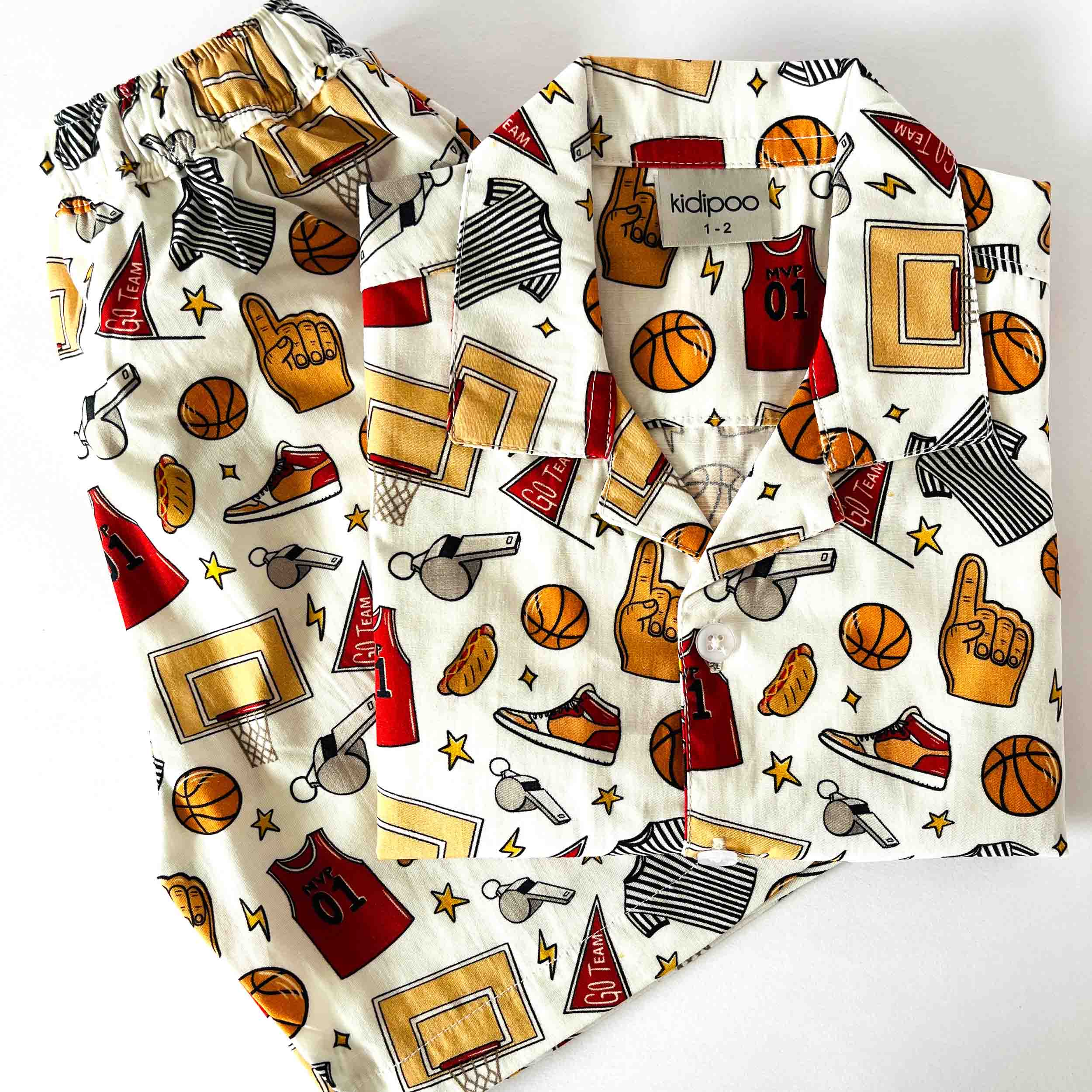 Kids sporty basketball print cotton co-ord set with half sleeve front button shirt and matching shorts